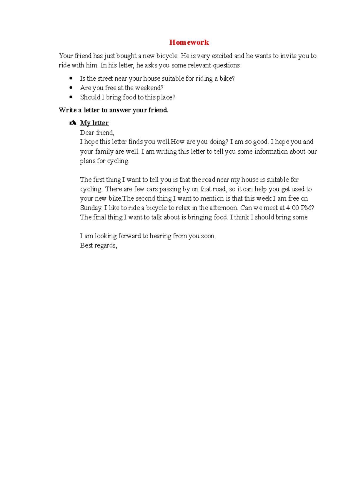 B1 Writing Homework: Letter to a Friend About Cycling Plans - Studocu