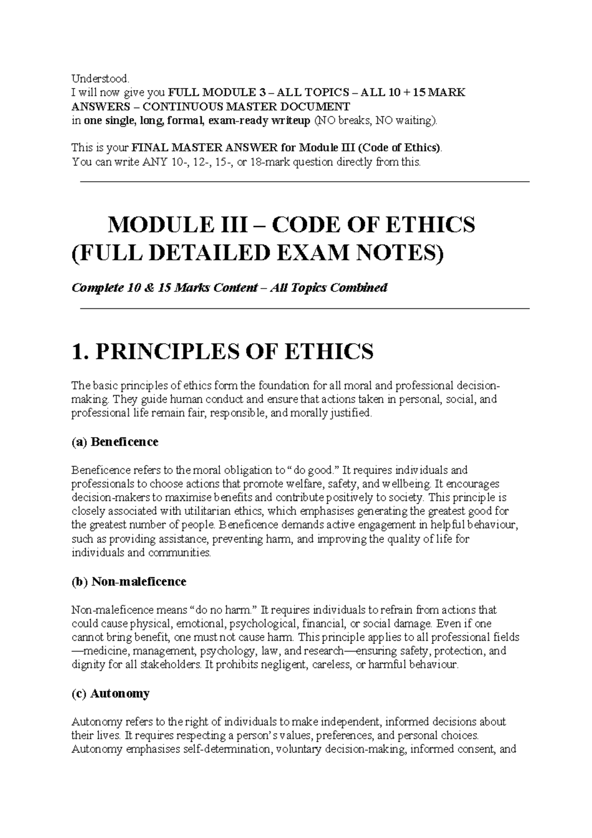 FINAL MASTER NOTES FOR MODULE 3: CODE OF ETHICS (10-15 MARKS) - Studocu
