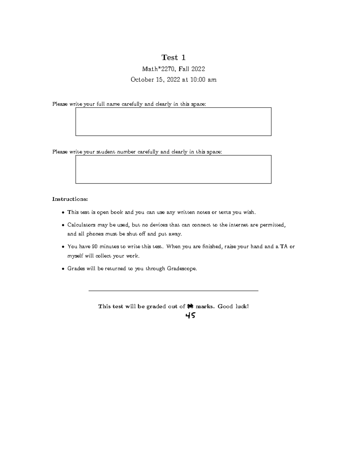 Test 1 Solutions - Math*2270 - Fall 2022 - First Draft Answers - Studocu
