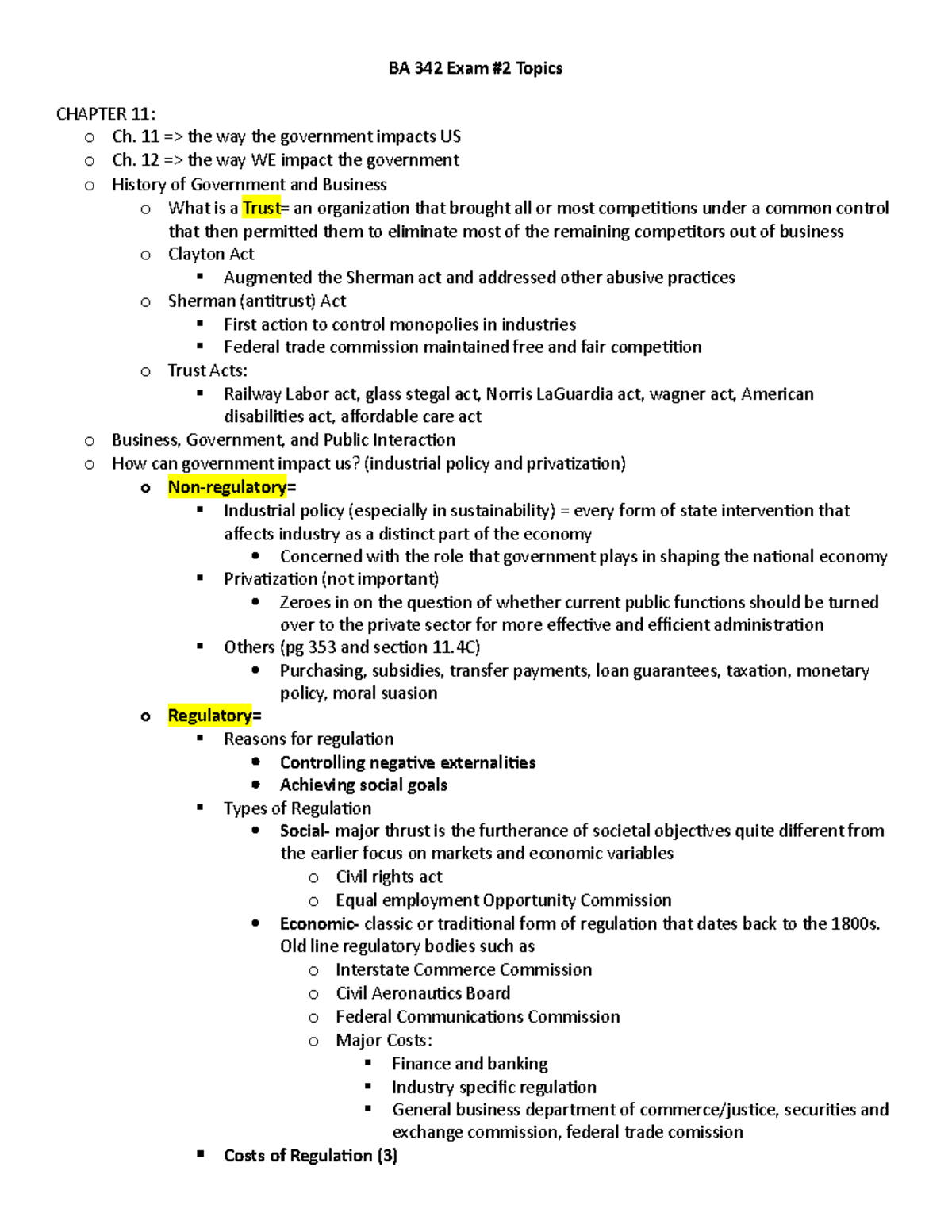 BA 342 Exam 2 Comprehensive Study Guide on Government Impact and ...