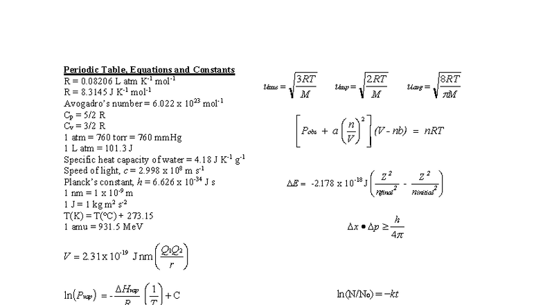 Final Exam Formula Sheet for Chemistry: Constants & Equations - Studocu
