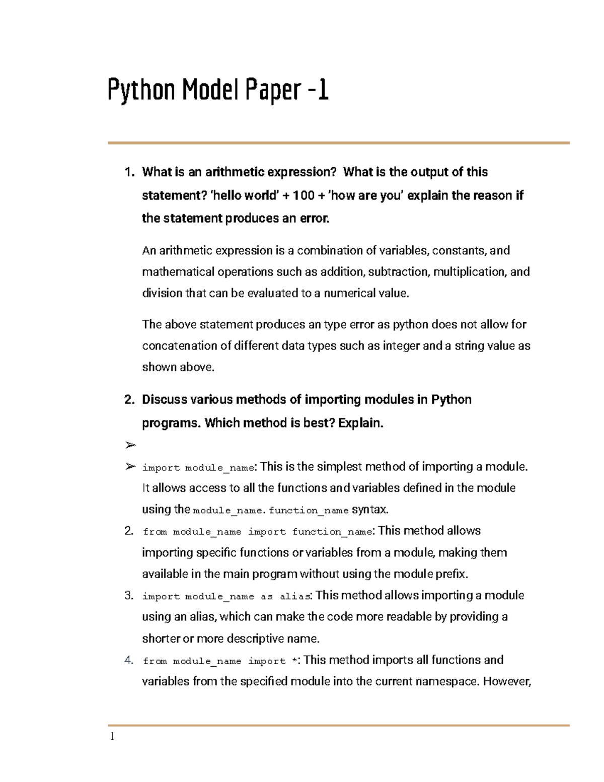 Python model paper 1 - BPLCK105B - Python Model Paper - 1. What is an ...
