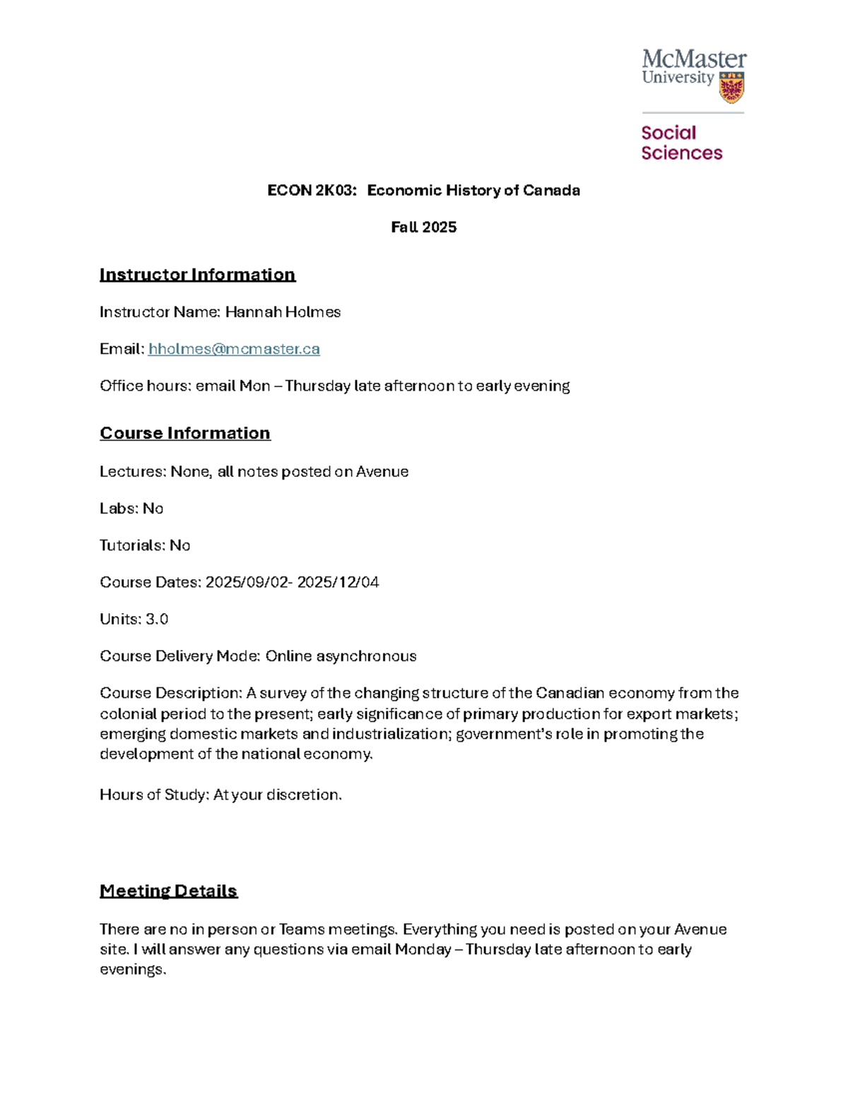 ECON 2K03: Course Outline for Economic History of Canada - Fall 2025 ...