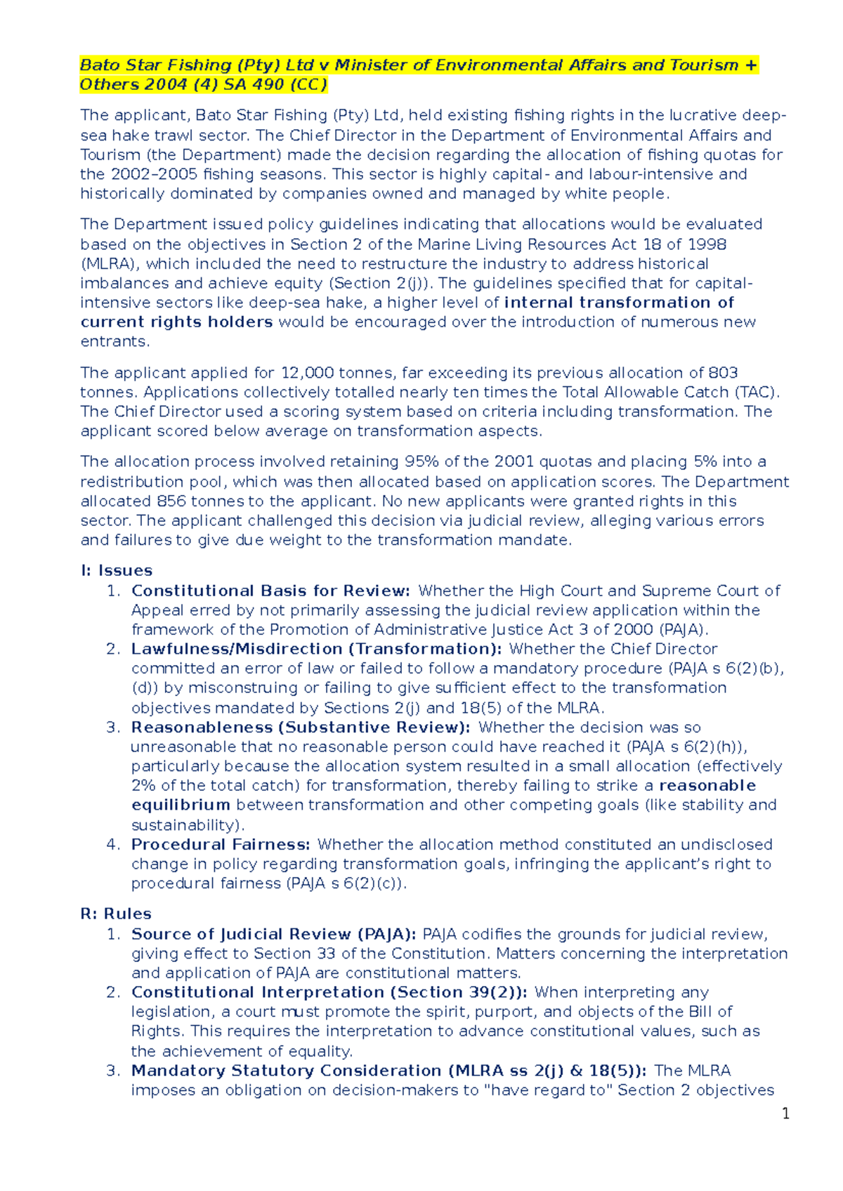 Case Law Summary for Test 1 (T1): Key Judicial Decisions and Principles ...