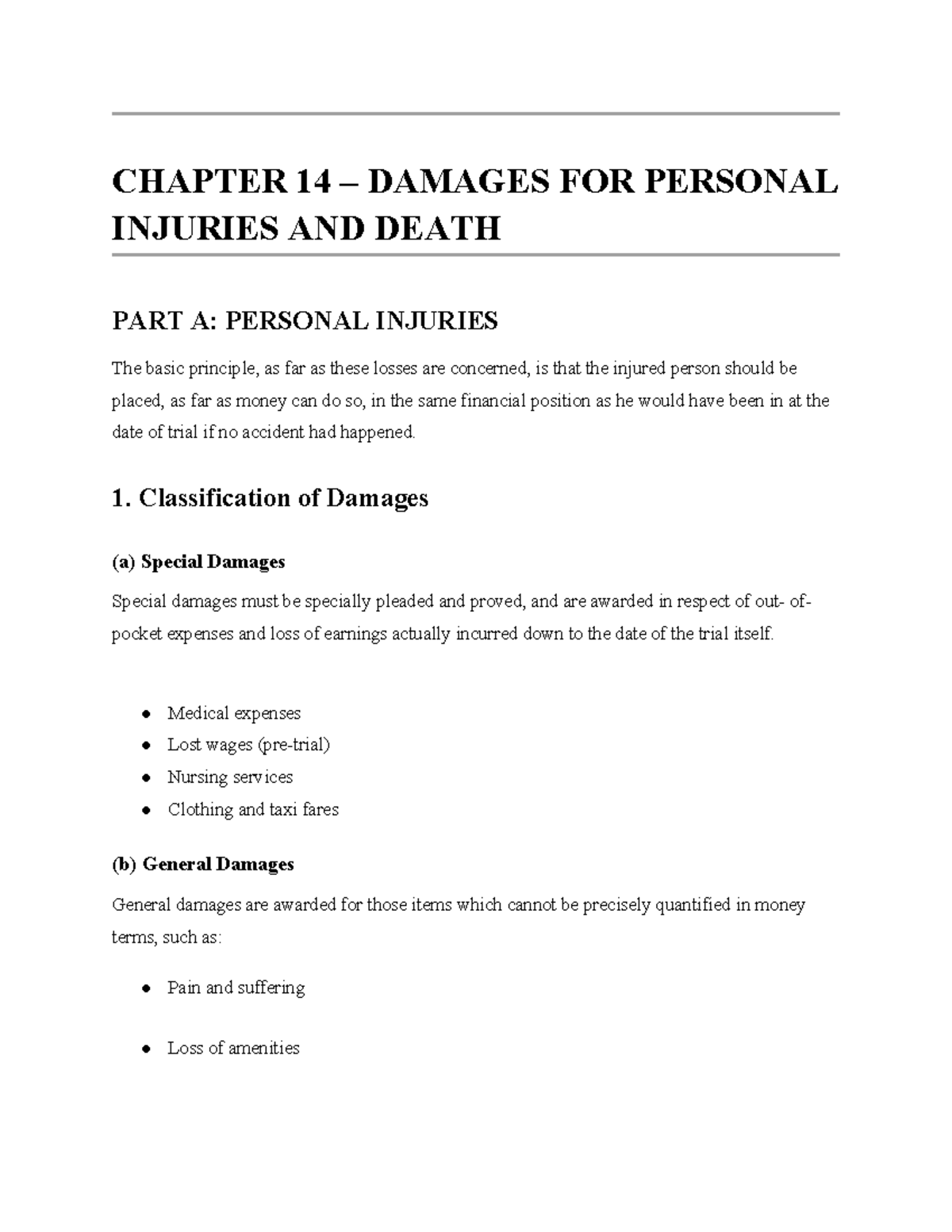 CHAPTER 14: DAMAGES FOR PERSONAL INJURIES & DEATH - PART A - Studocu