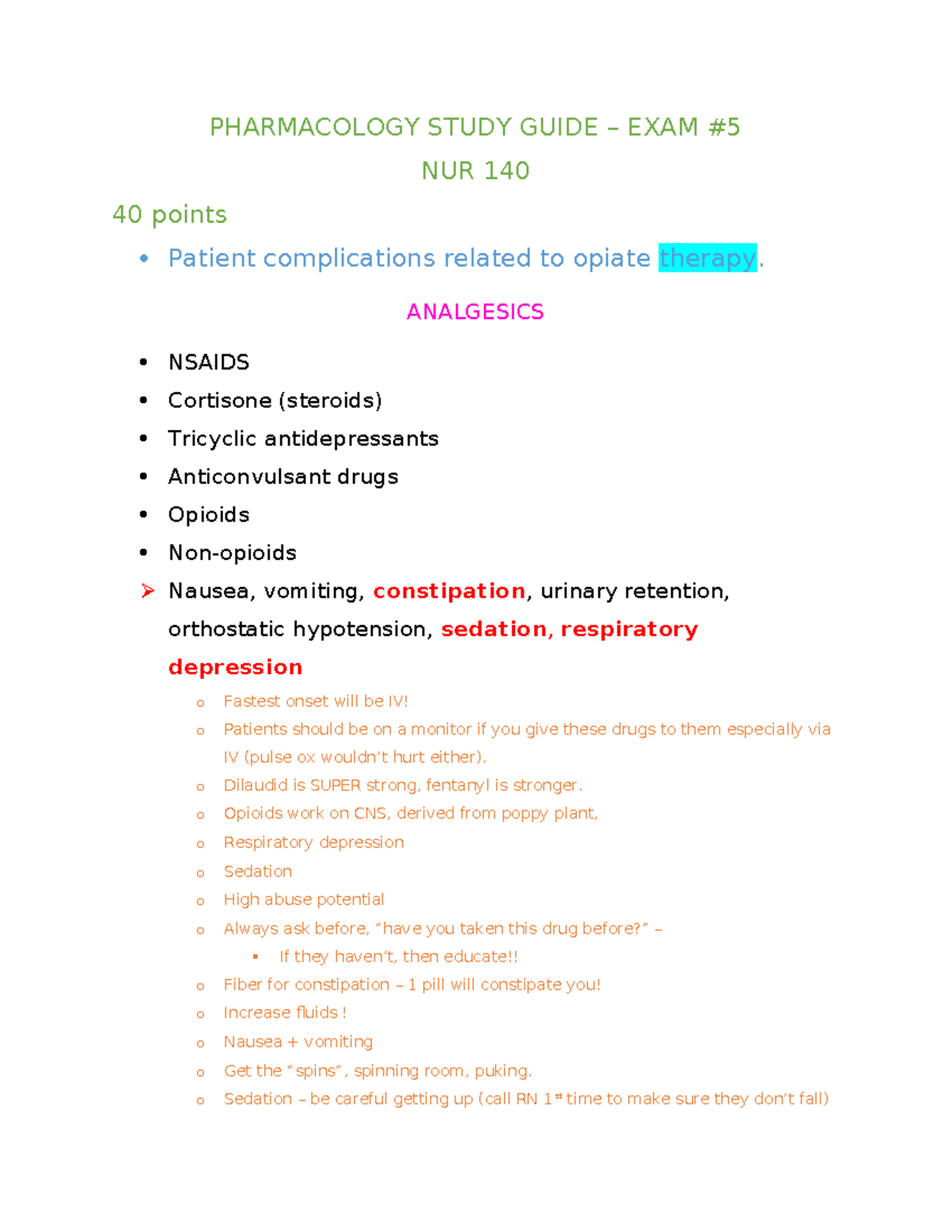 Pharmacology Study Guide for NUR 140: Exam 5 Key Content Overview - Studocu