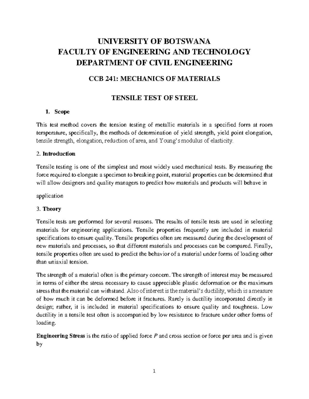 Tensile Test Lab Manual for CCB 241: Mechanics of Materials - Studocu