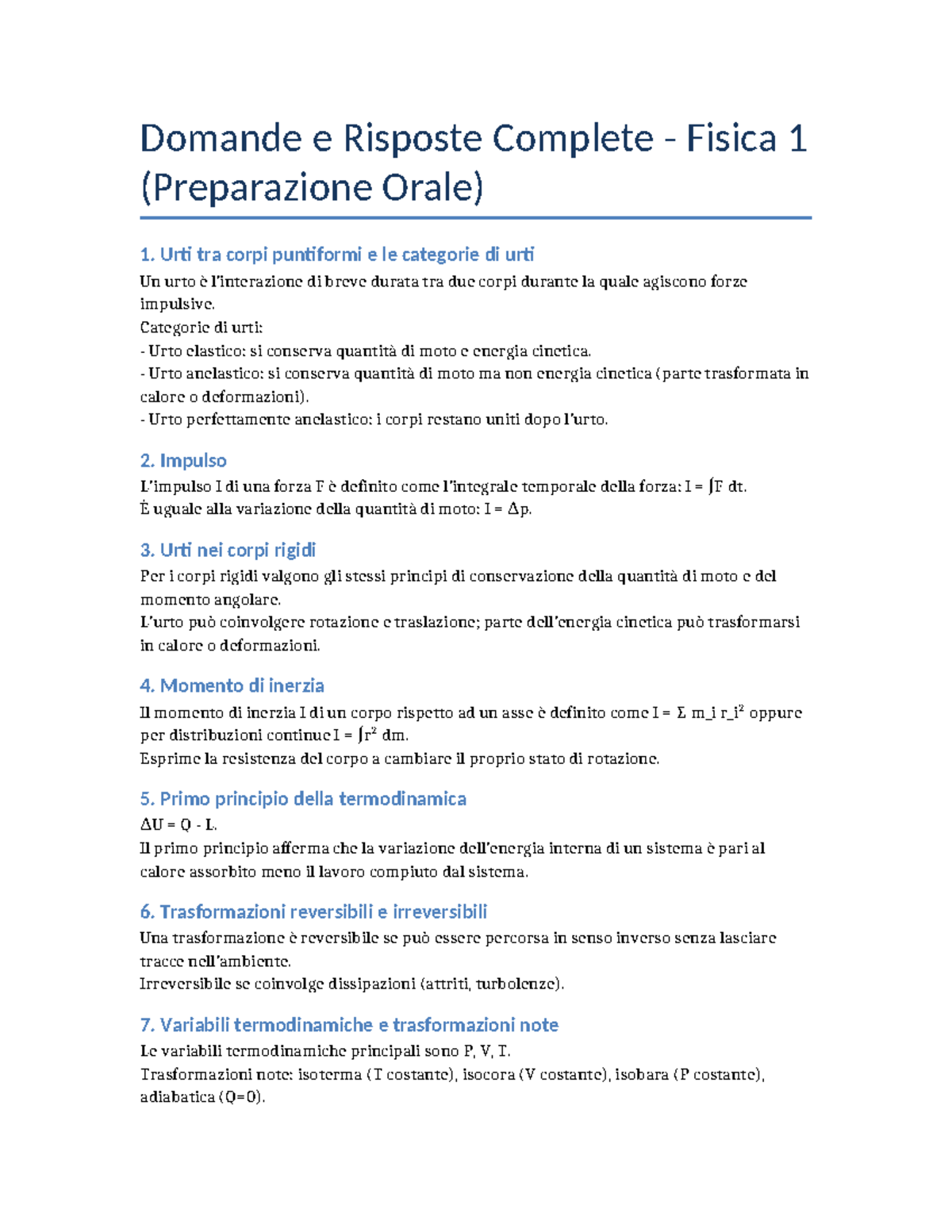 Domande e Risposte Complete Fisica 1 (Preparazione Orale) - Studocu