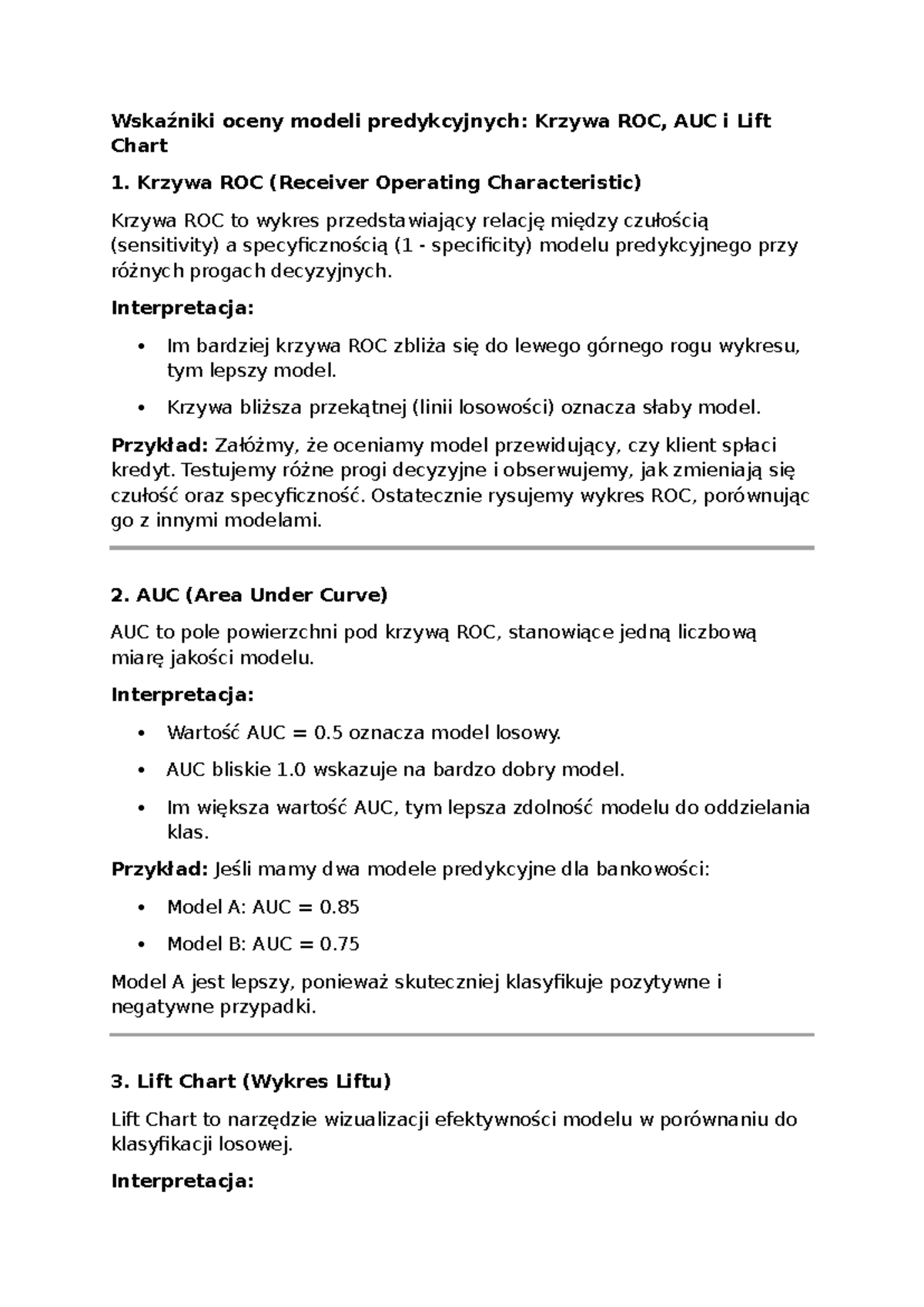 Wskaźniki oceny modeli predykcyjnych: ROC, AUC i Lift Chart - Studocu