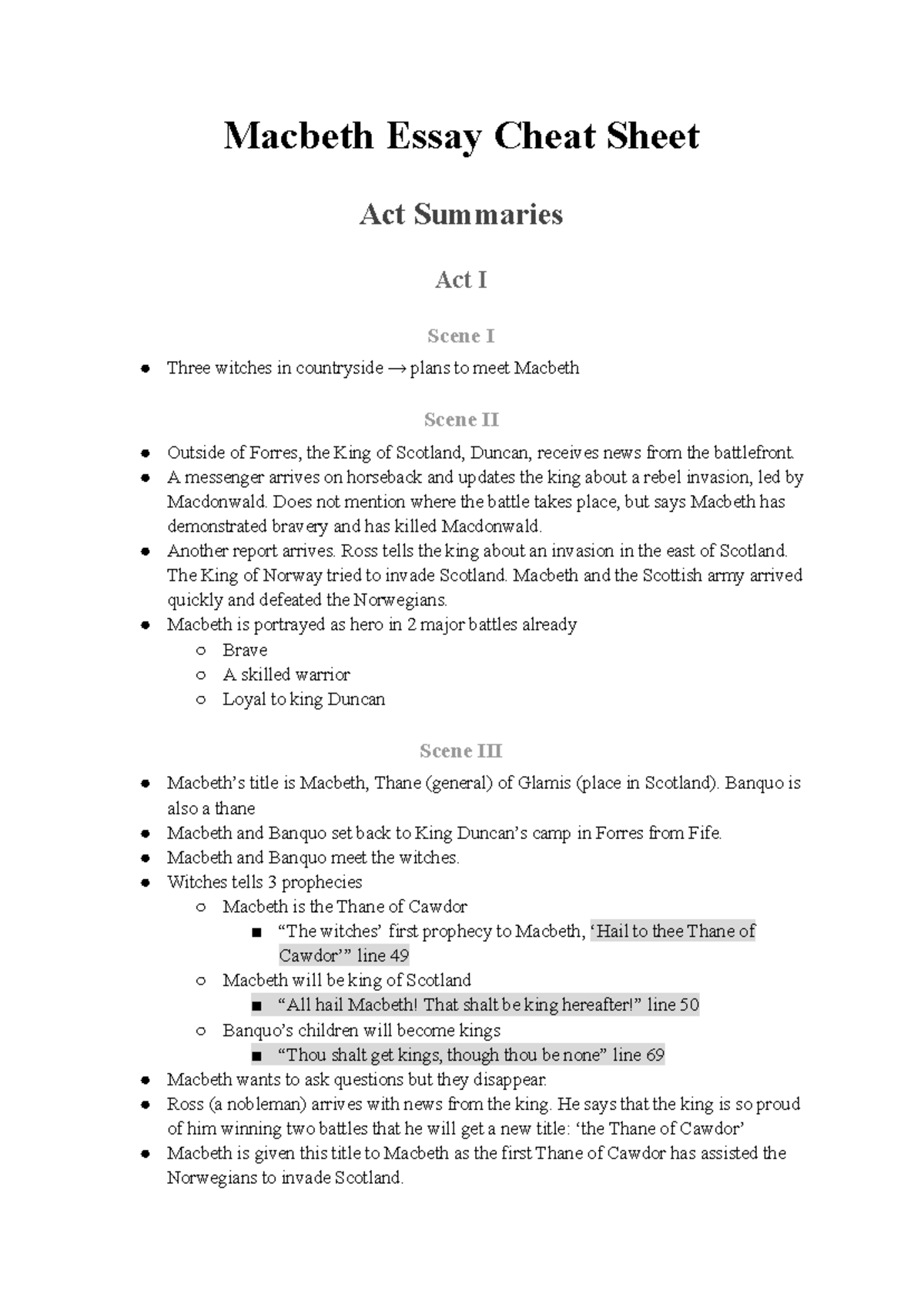 Macbeth (ENG 101) Essay Cheat Sheet: Act Summaries & Key Quotes - Studocu