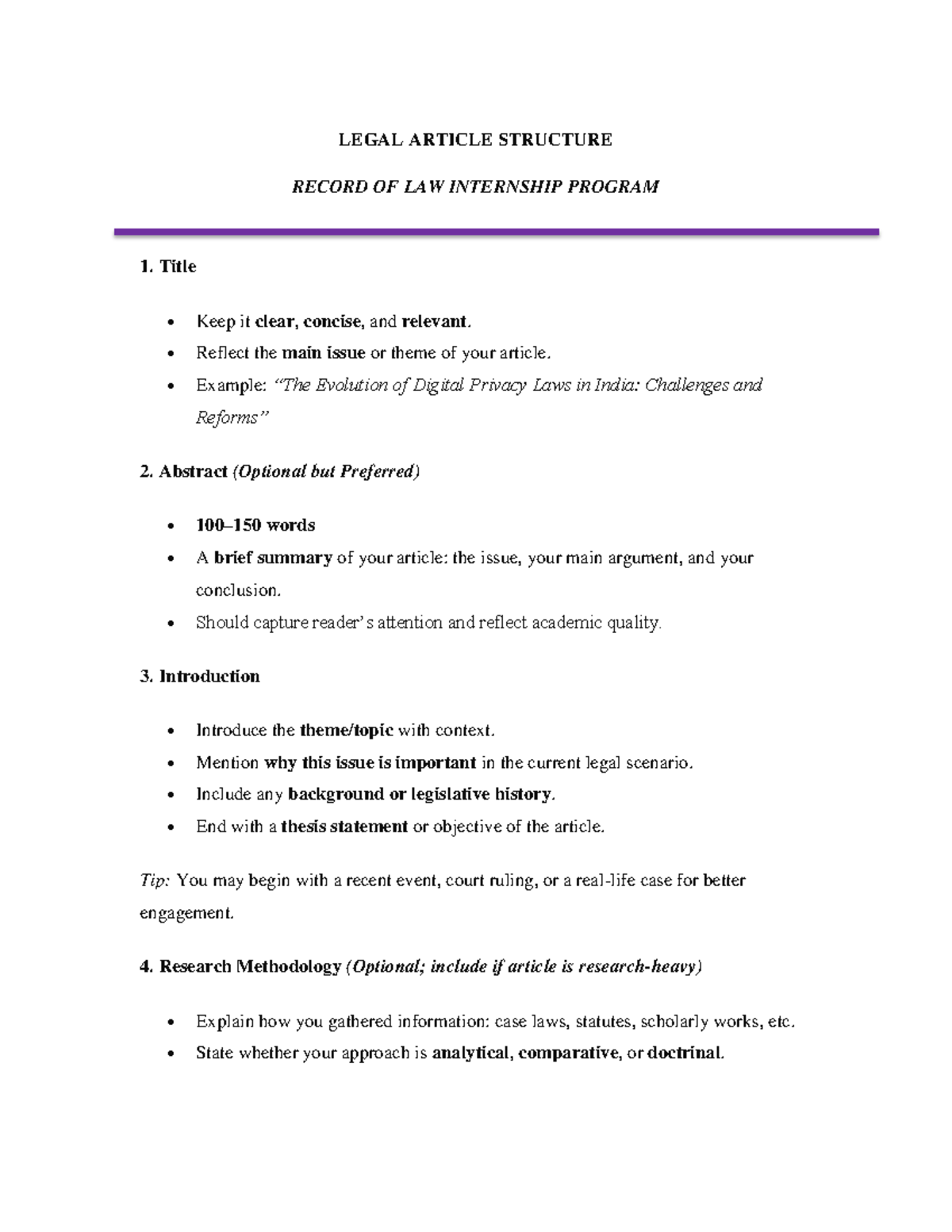 LAW 101: Structure of Legal Articles for Internship Program - Studocu