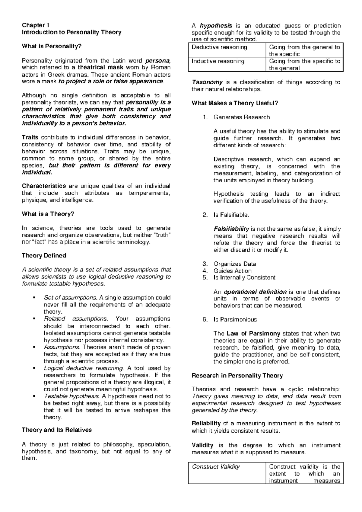 Chapter 1 - Overview of Personality Theory Concepts and Research - Studocu