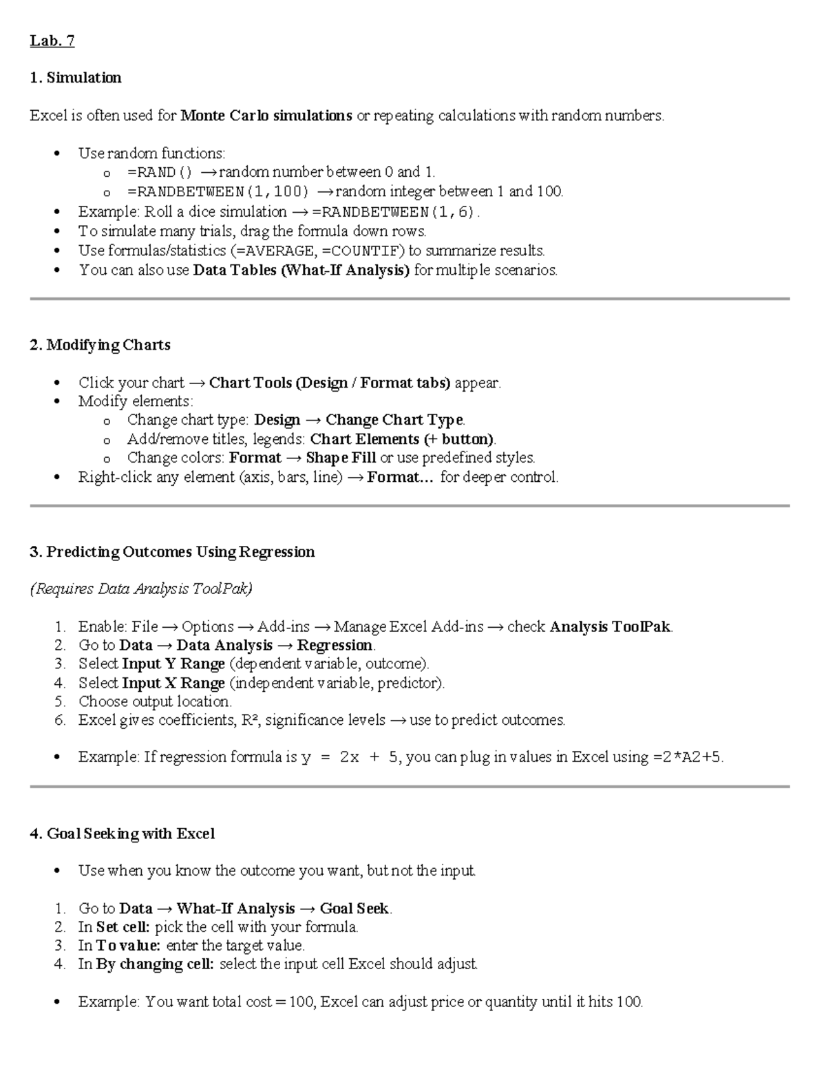 Lab 7: Excel Simulation, Chart Modifications & Regression Techniques ...