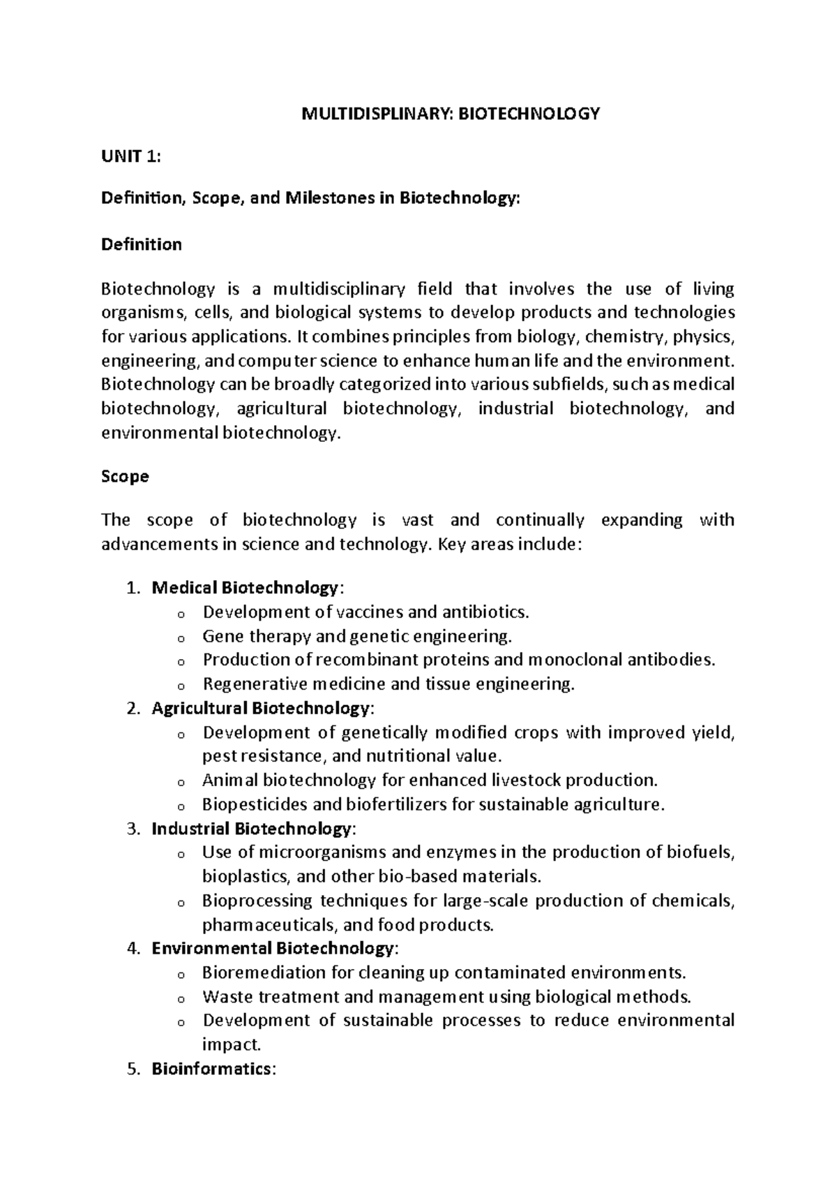 MULTIDISCIPLINARY: BIOTECHNOLOGY UNIT 1 - Definition, Scope, and ...