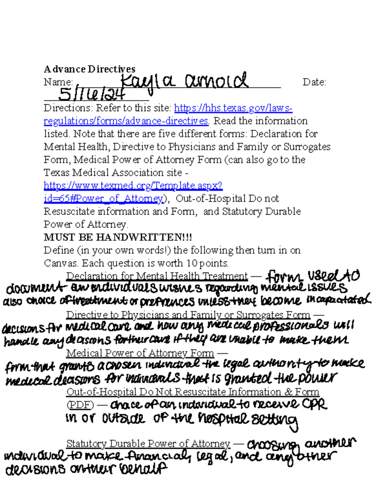 HSC 401 Advance Directives Assignment Instructions and Guidelines - Studocu
