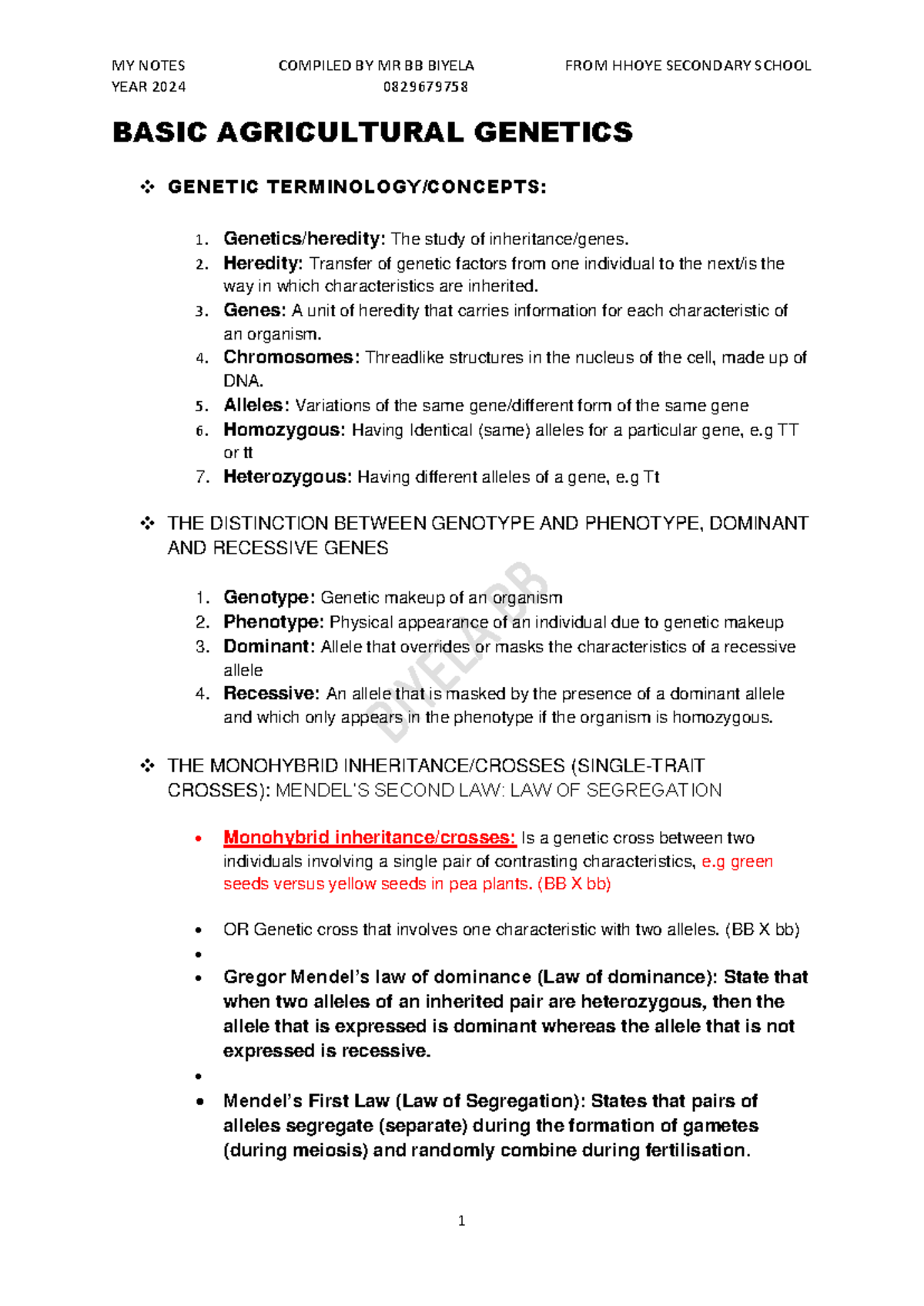 Genetics Study Notes 2024 - Mr. BB Biyela (Course Code: 250310) - Studocu
