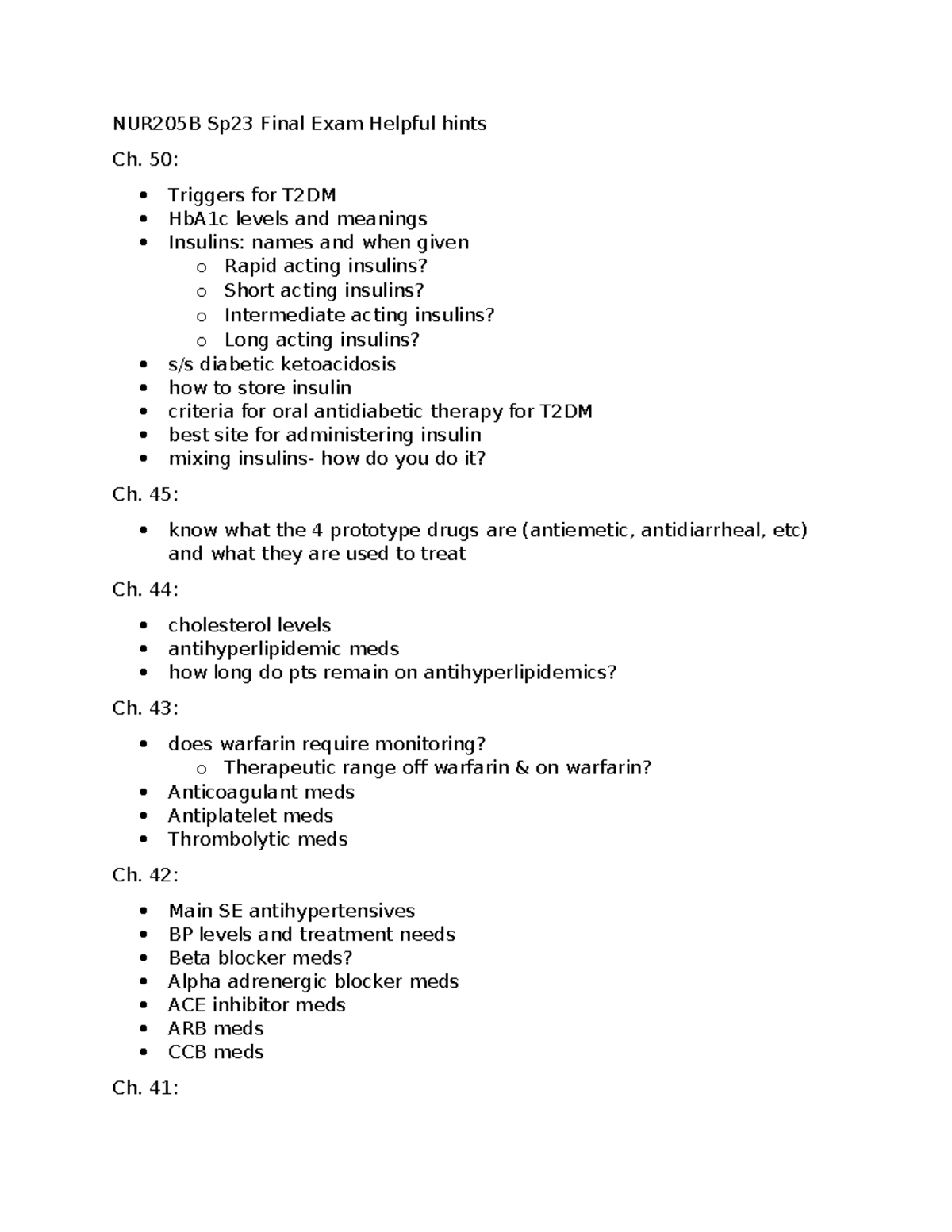 NUR205B Sp23 Final Exam Study Guide: Key Concepts & Medications - Studocu