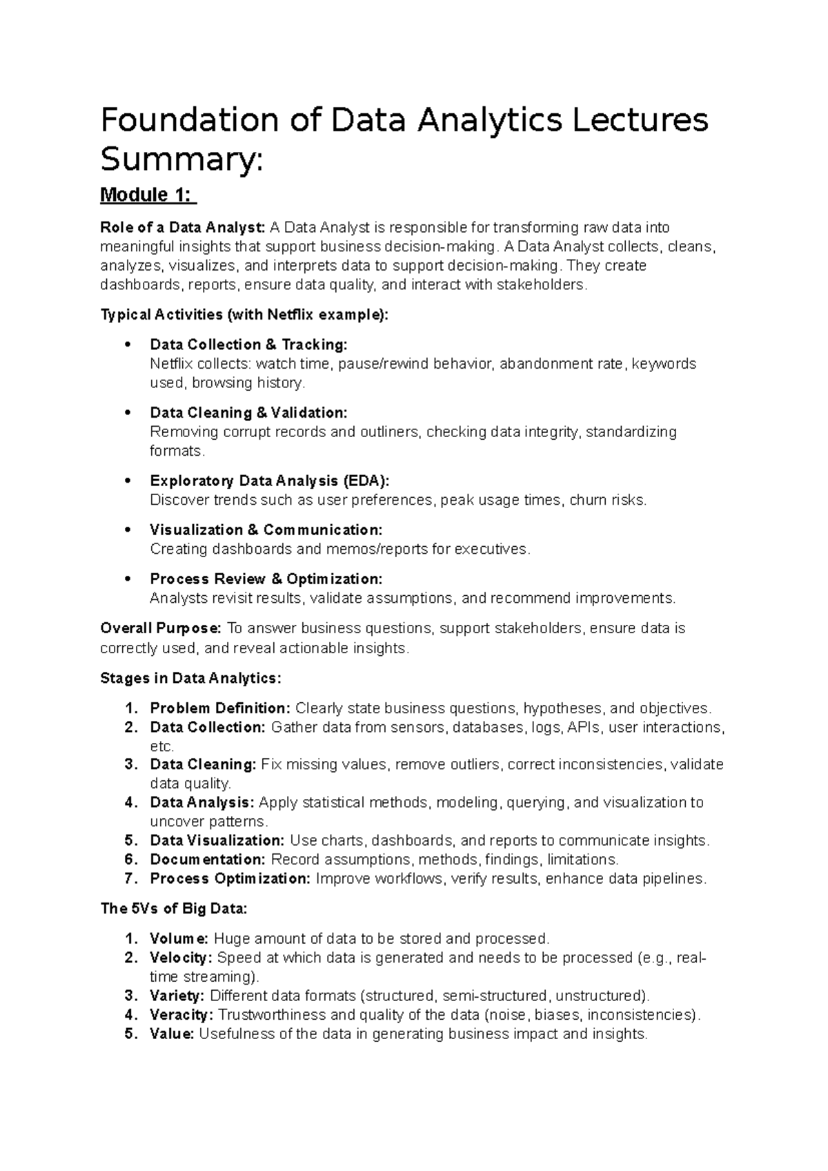 Foundation of Data Analytics: Module 1 Lecture Summary - Studeersnel