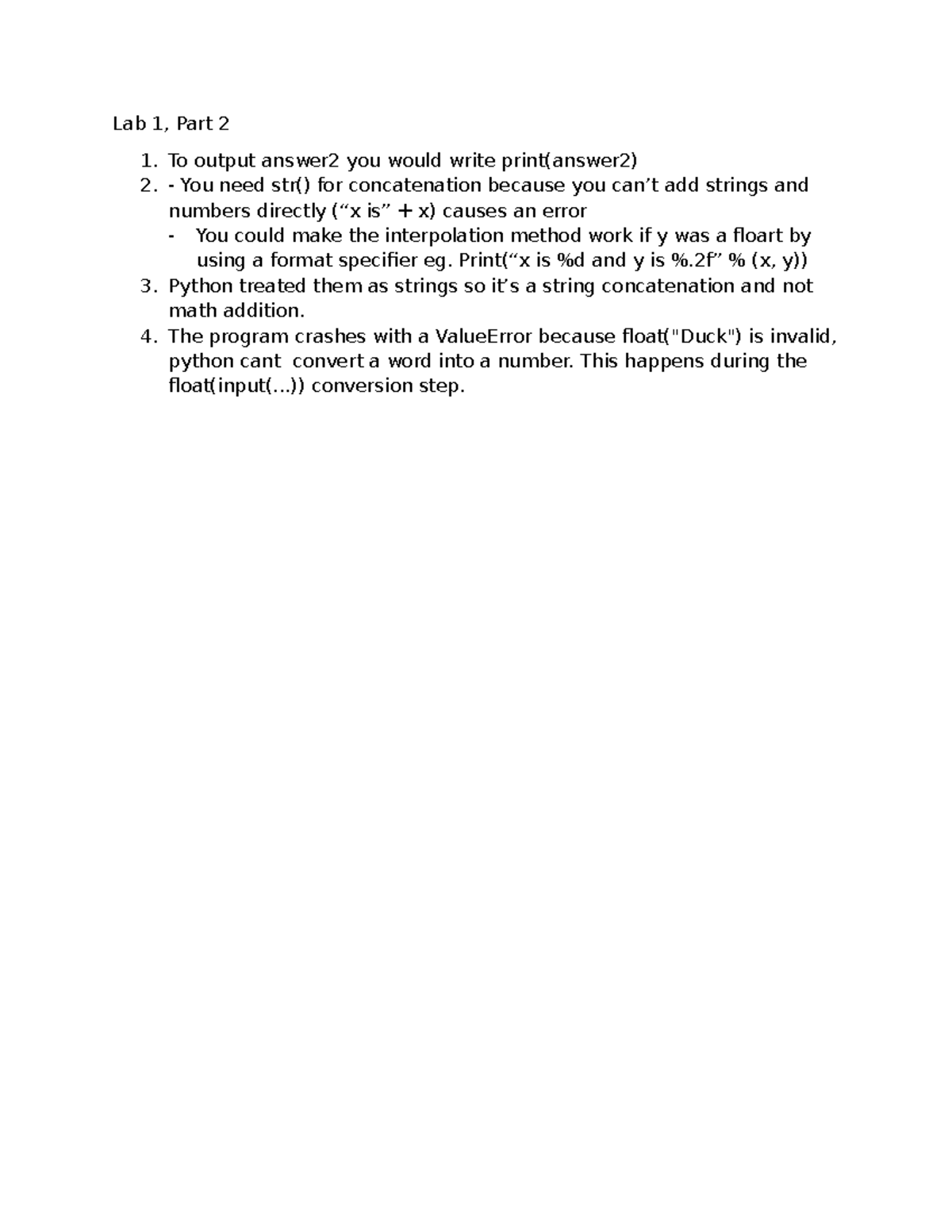 Lab 1 Part 2 - lab - Lab 1, Part 2 1. To output answer2 you would write ...