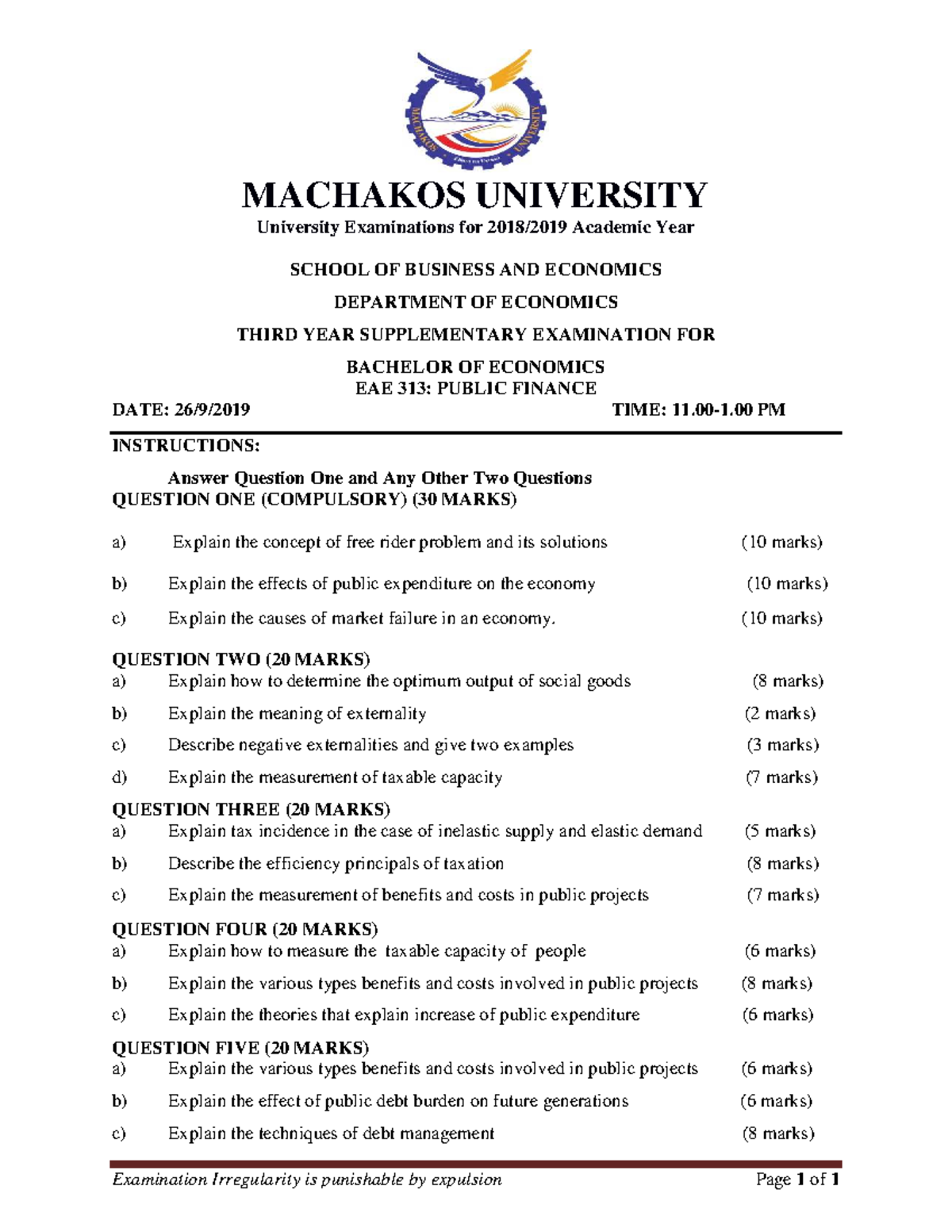EAE 313: Public Finance Supplementary Exam Questions and Guidelines ...