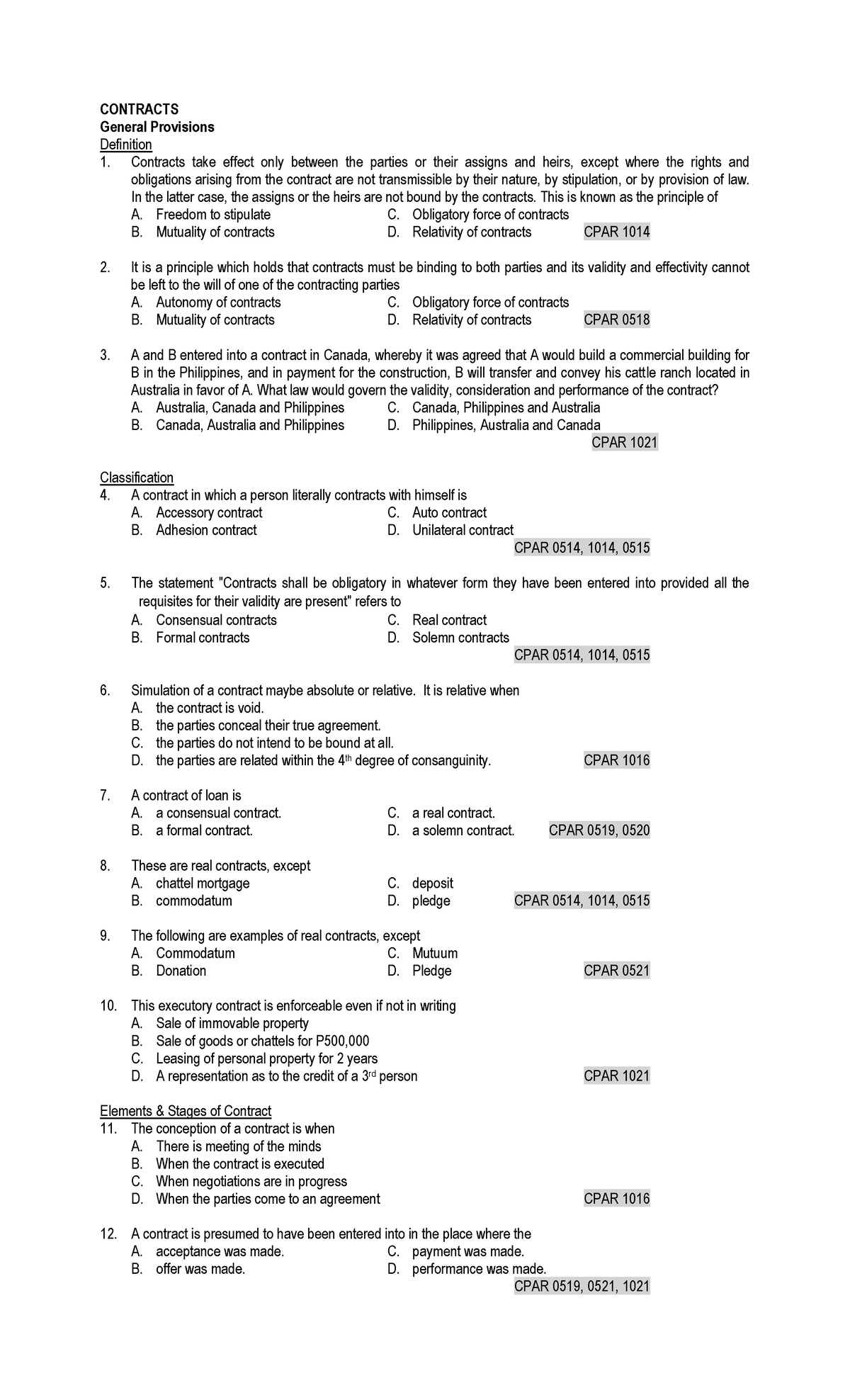**CPAR 1014 - Practice Questions on Contracts and General Provisions ...