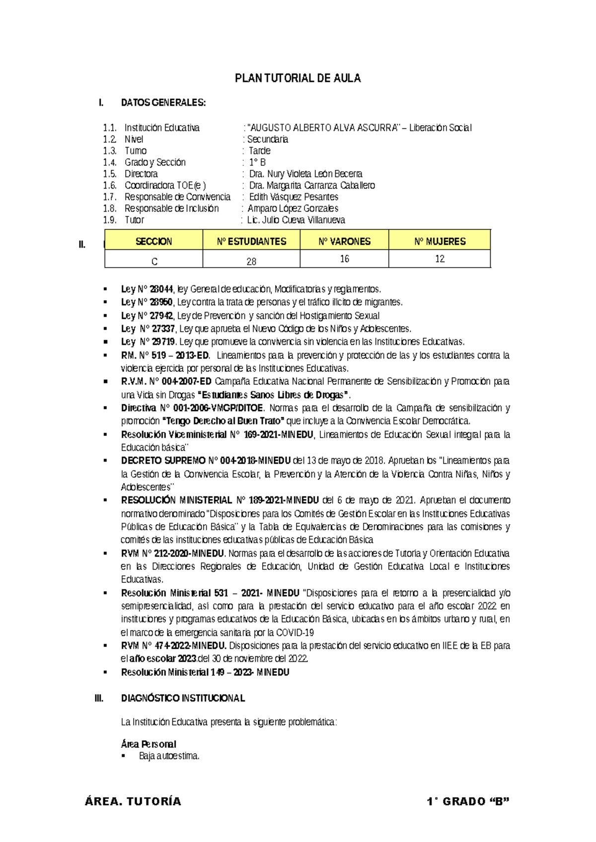 Plan tutorial de aula I: diagnóstico y objetivos para secundaria - Studocu