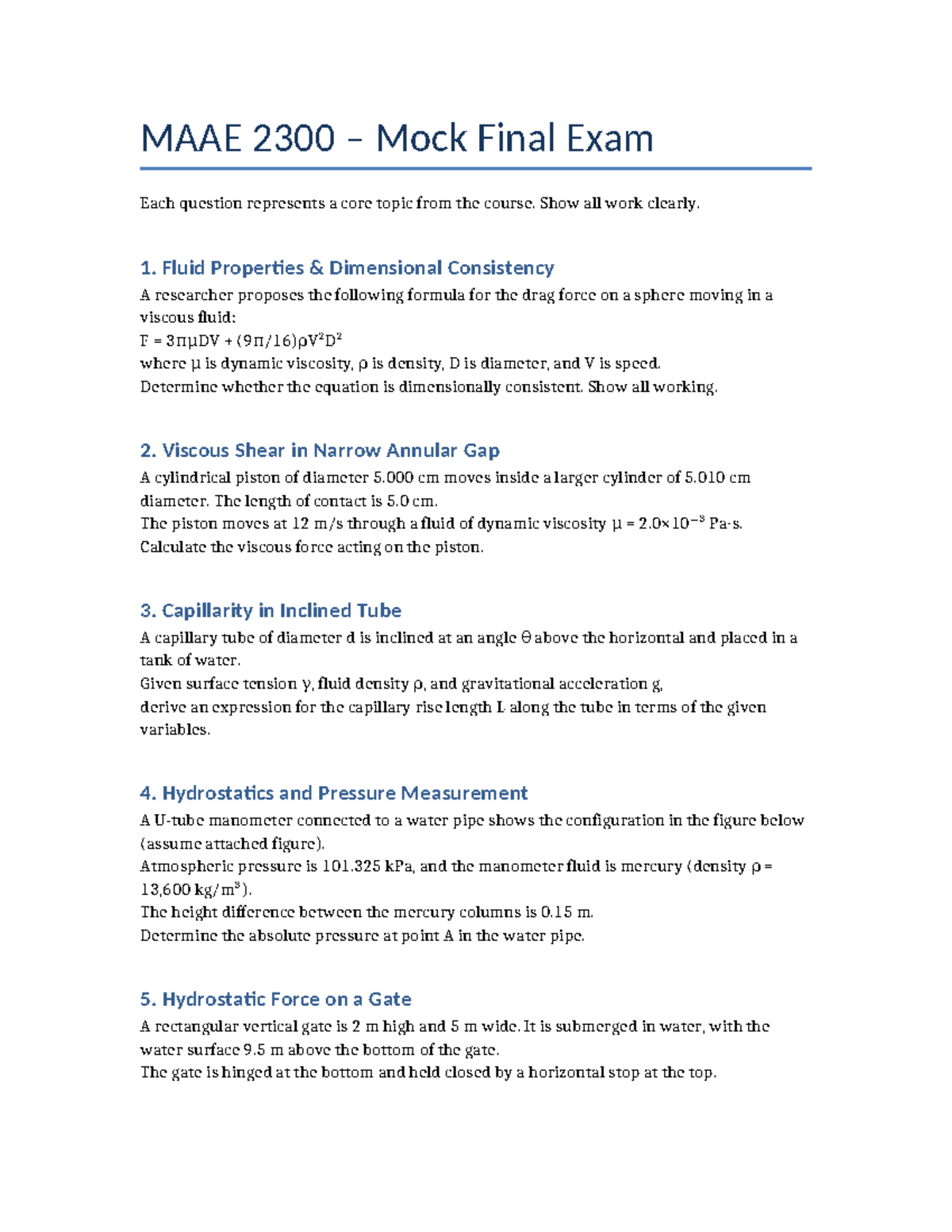 MAAE 2300 Mock Final Exam Questions on Fluid Mechanics Concepts - Studocu