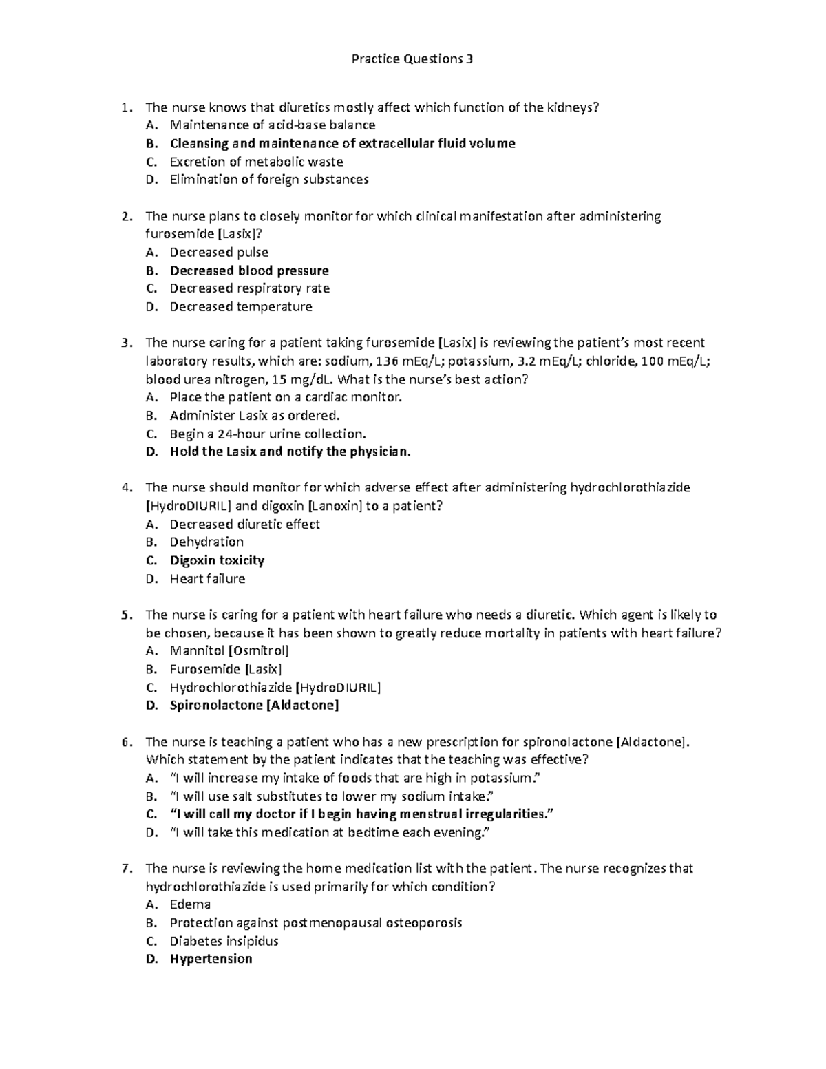 Practice Questions - Nursing (NURS 101) on Cardiac Meds & Interventions ...