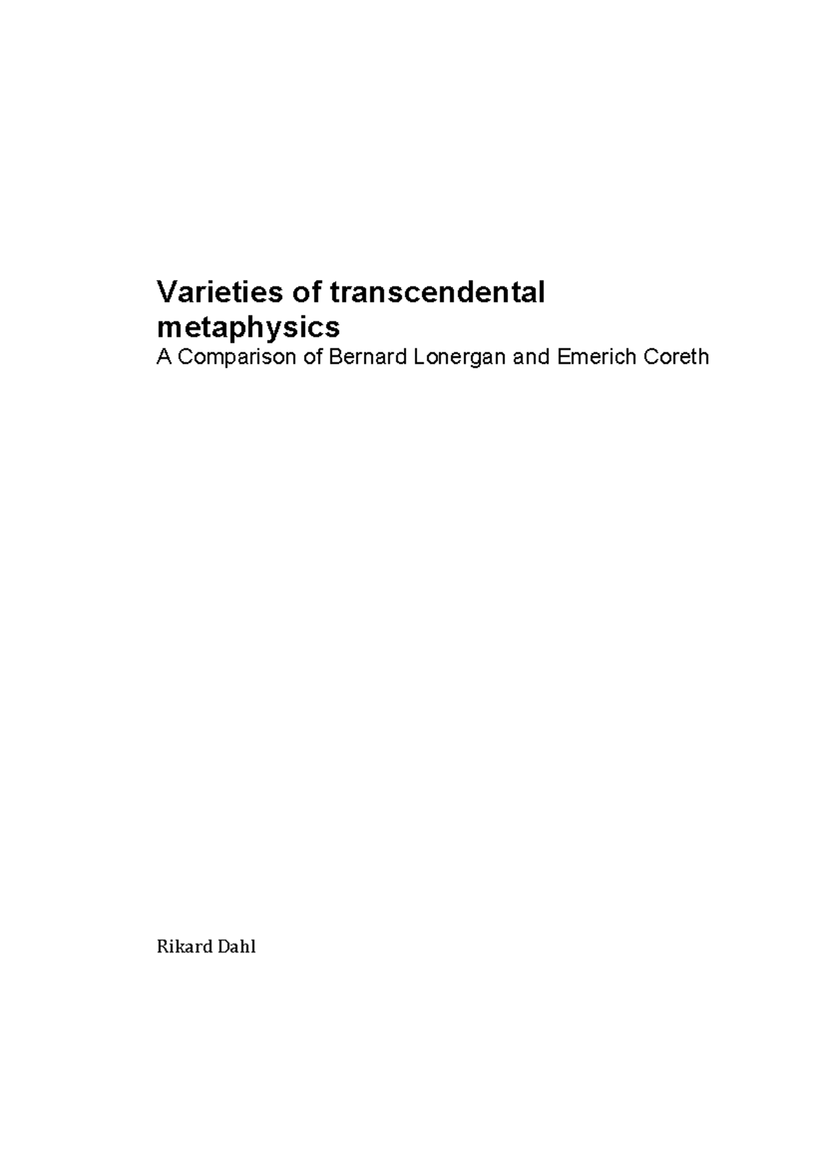 Comparative Study of Transcendental Metaphysics: Lonergan vs. Coreth ...