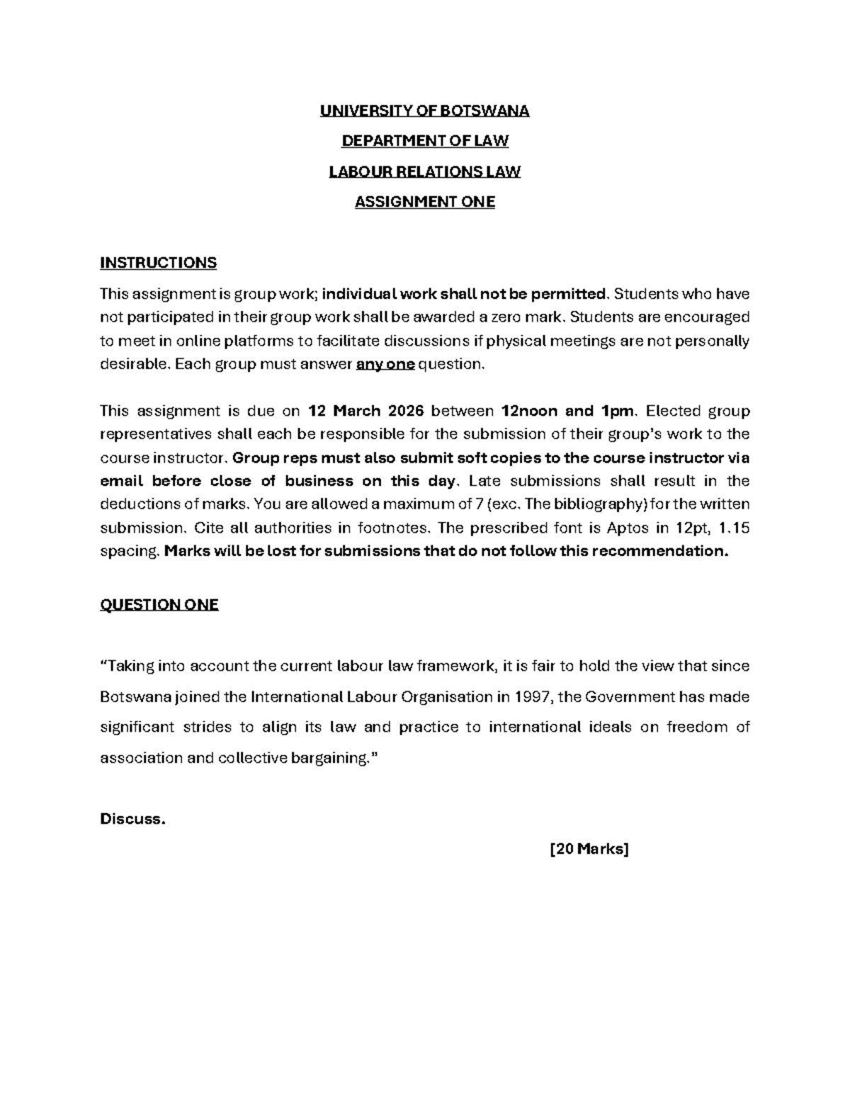 LABOUR RELATIONS LAW ASSIGNMENT 1 - MARCH 2026 - Studocu