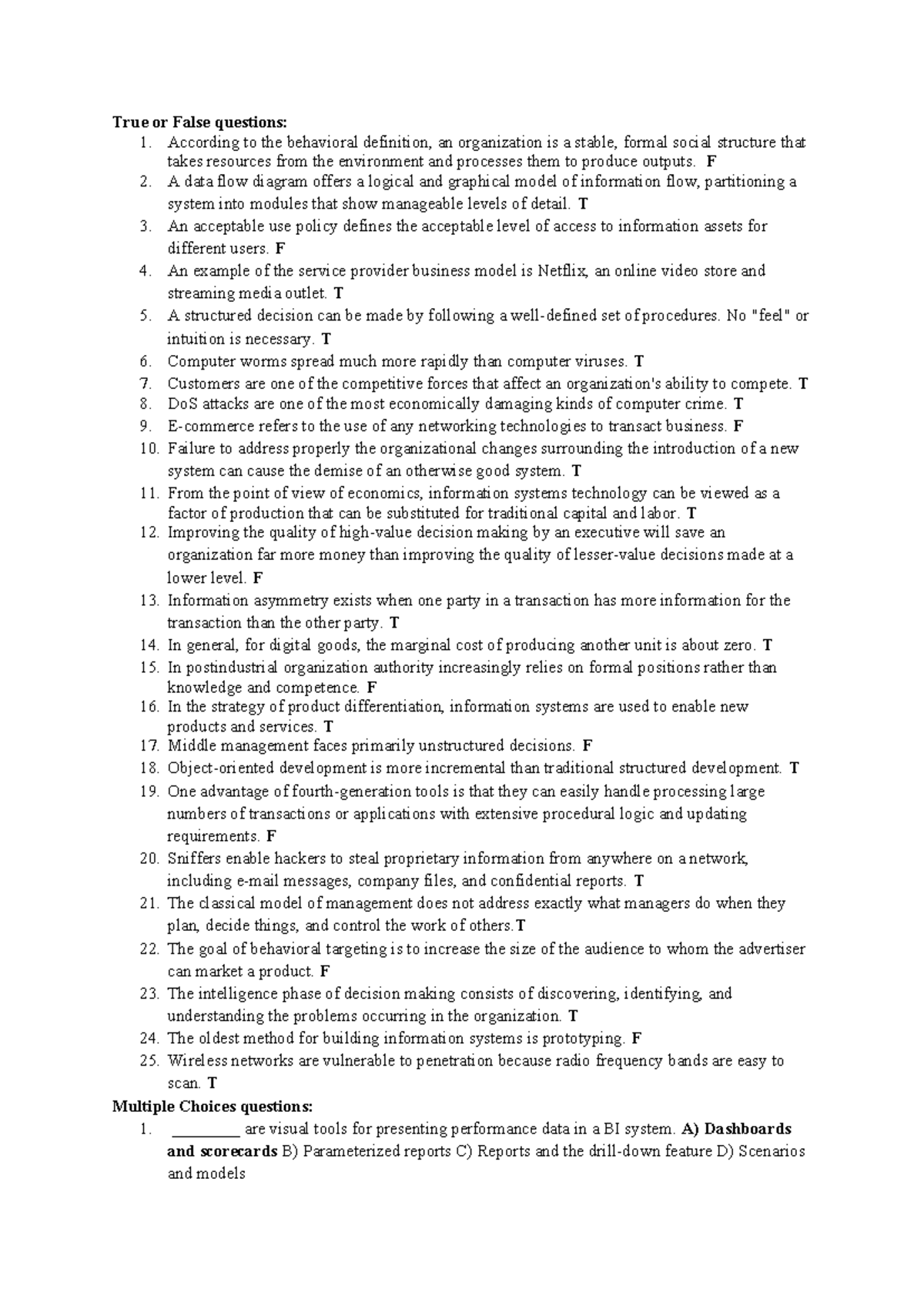 TRẮC NGHIỆM 2: True or False & Multiple Choice Questions - Studocu