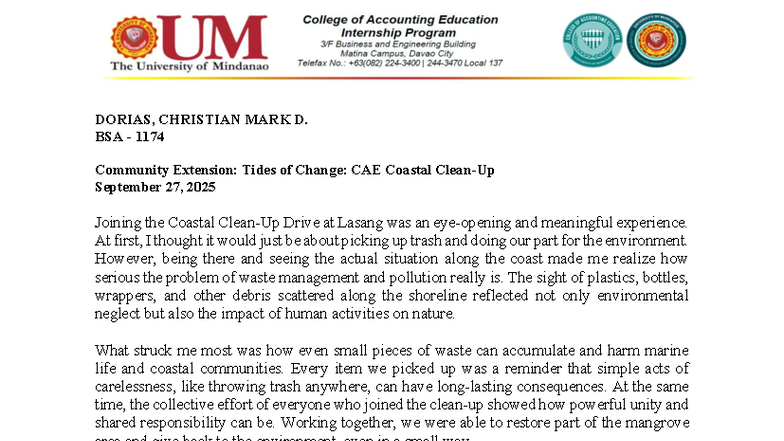 BSA 1174 Reflection Paper: Community Extension on Coastal Cleanup - Studocu