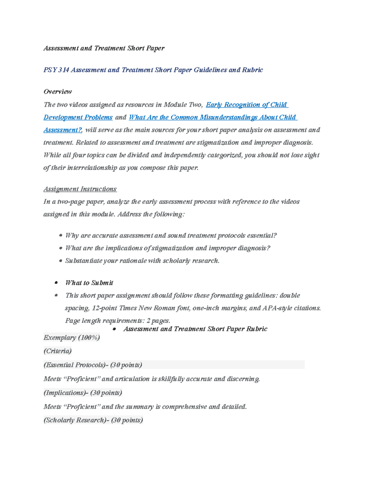 PSY 314 Final Exam: Assessment and Treatment Analysis Paper - Studocu
