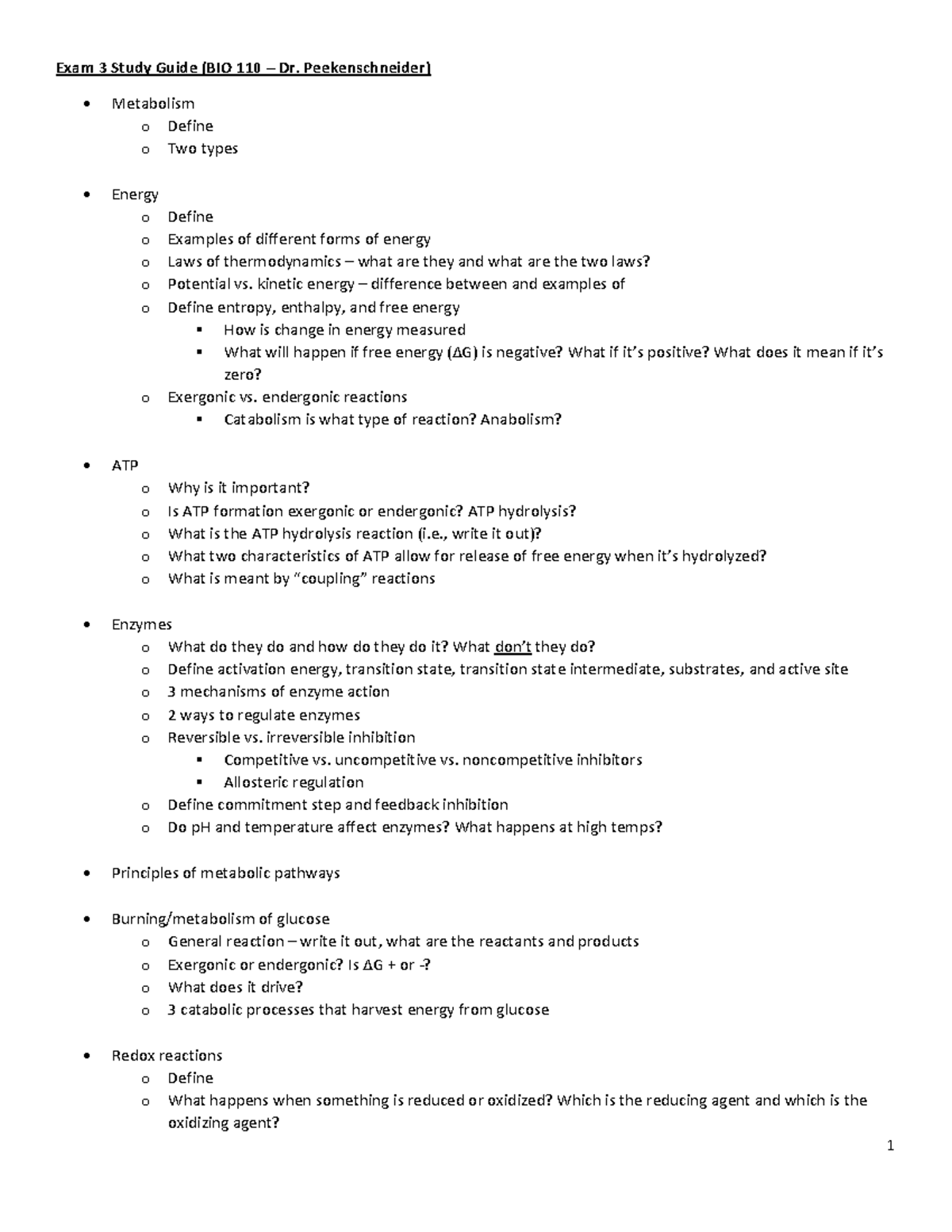 Exam 3 Study Guide for BIO 110 - Concepts of Metabolism ...