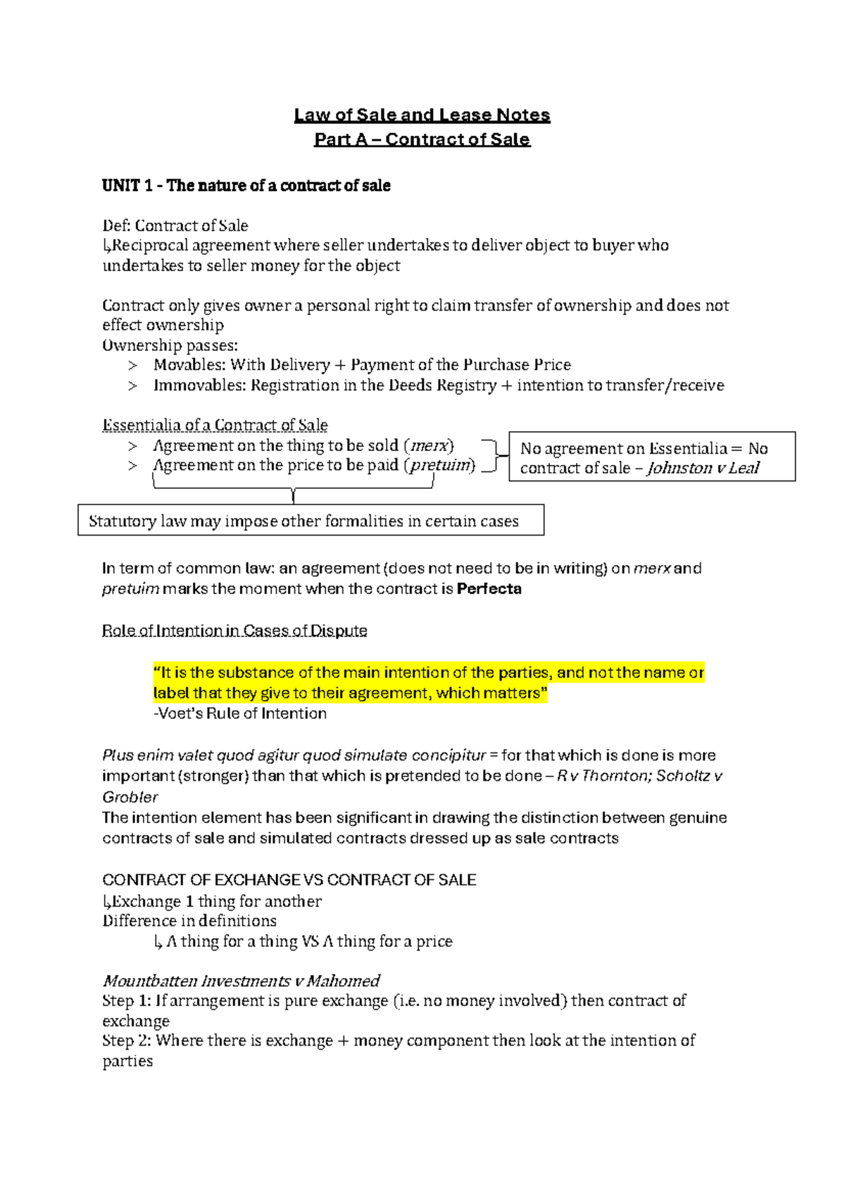 Law of Sale and Lease Notes (LAW101) - Contract of Sale Overview - Studocu