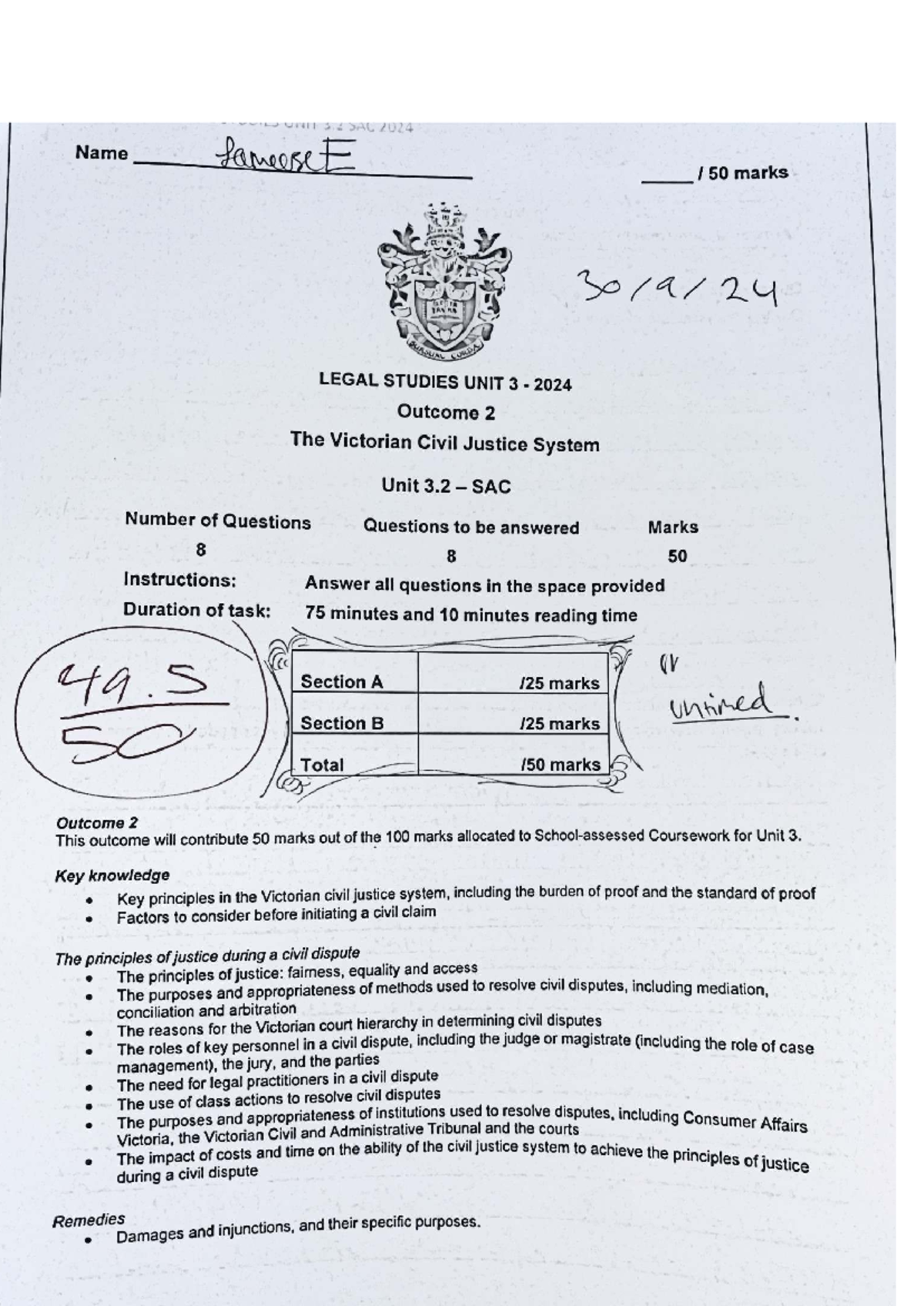 Unit 3 Legal Studies: SAC Exam Practice on Victorian Civil Justice ...