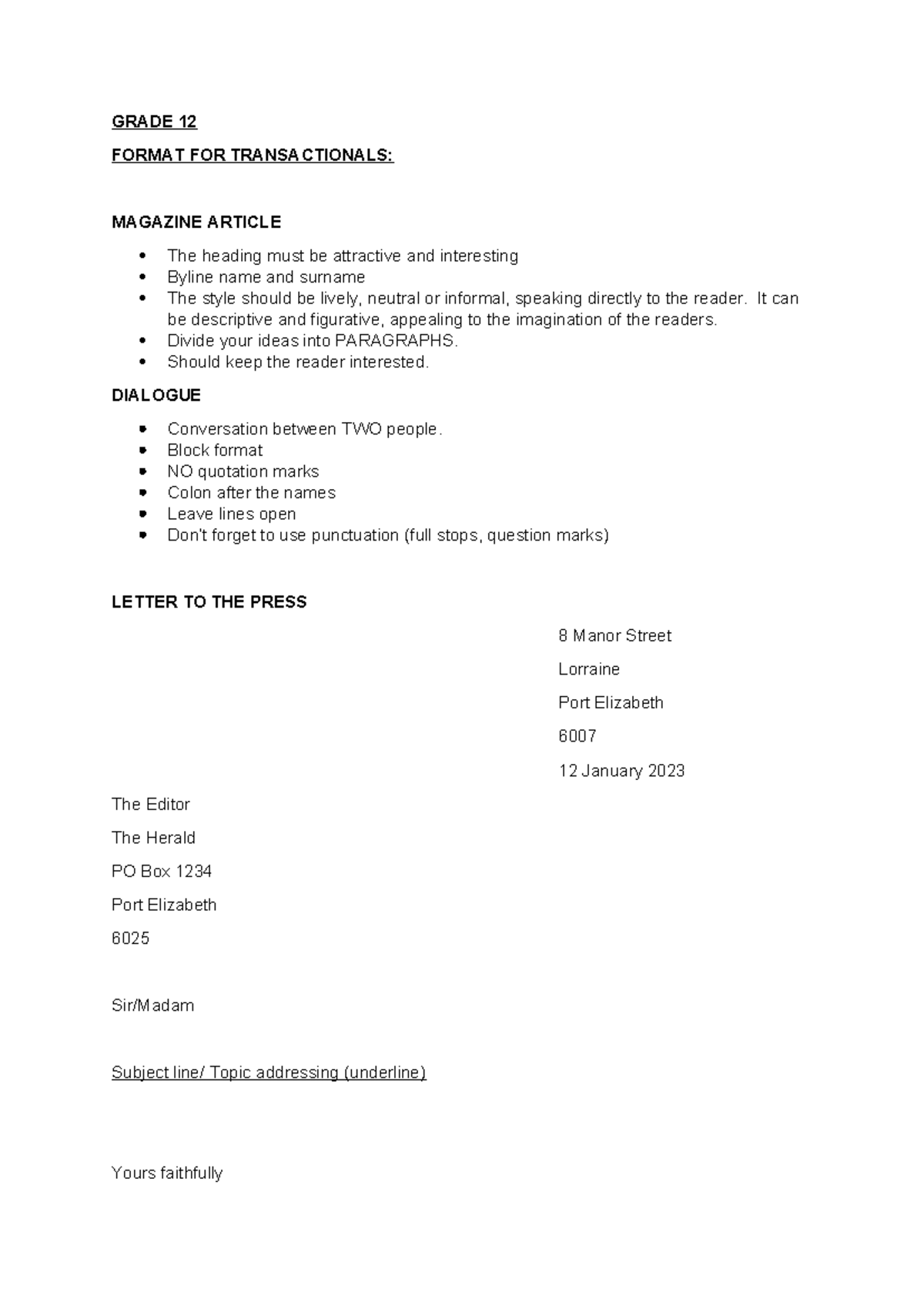 Grade 12: Guidelines for Writing Transactional Formats - Studocu