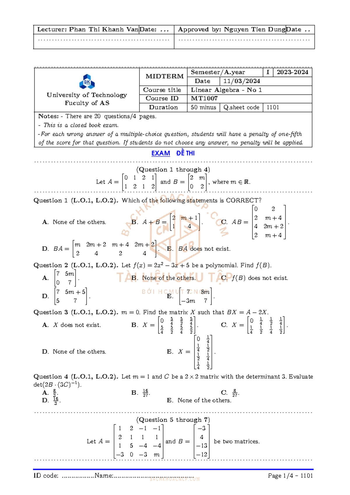 Linear Algebra NAN Final Exam Sample Questions and Answers - Studocu