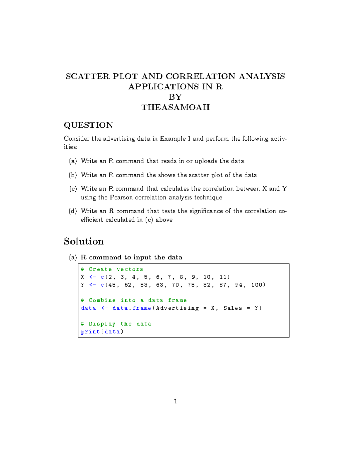 SCATTER PLOT & CORRELATION ANALYSIS IN R - SCATTER PLOT & CORR - Studocu