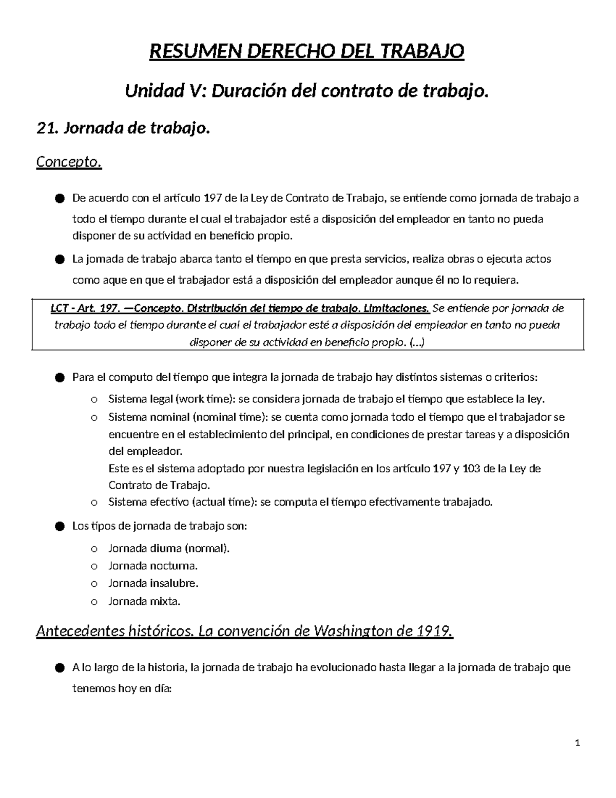 Resumen Derecho del Trabajo - Unidad V: Jornada y Contrato (Segundo ...