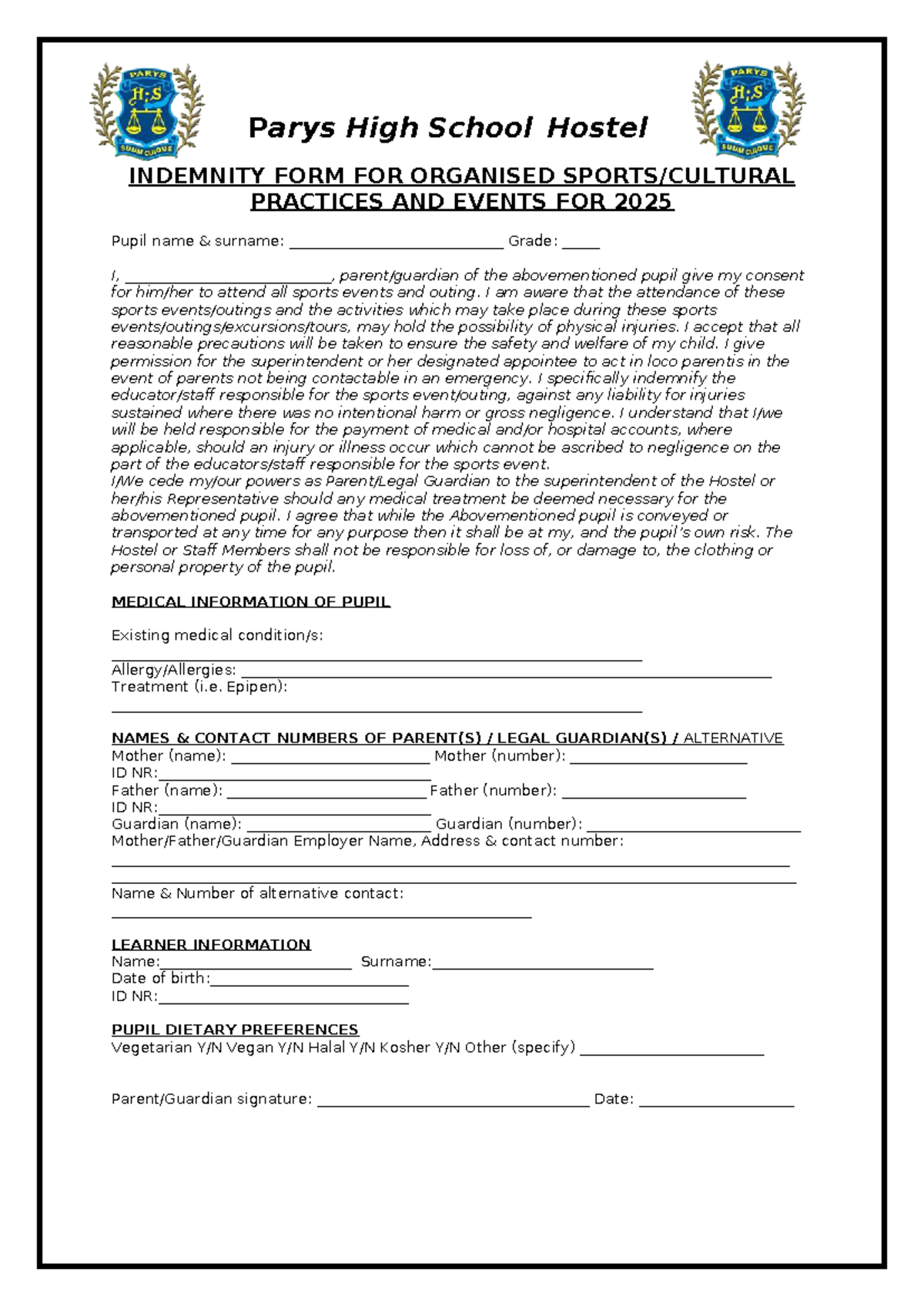 indemnity-form-for-sports-events-2025-parys-high-school-hostel-studocu