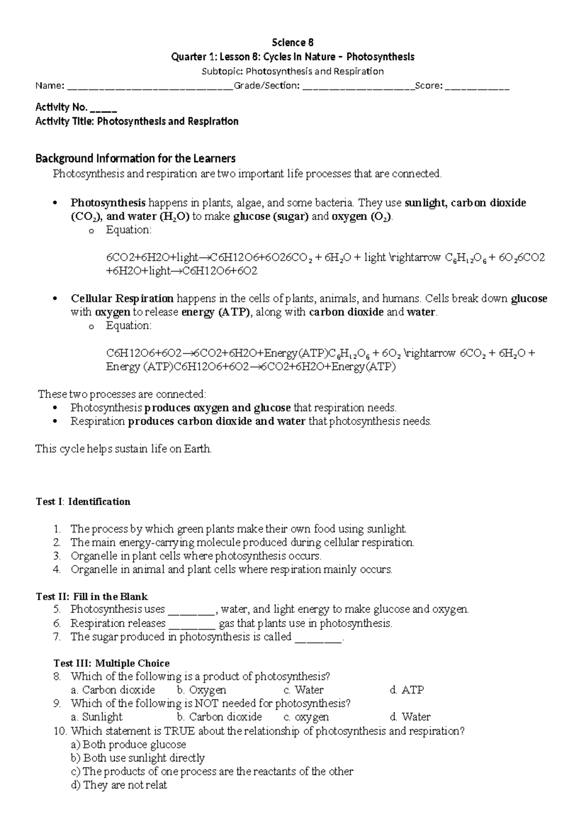 Science 8 Q1: Lesson 8 - Photosynthesis & Respiration Overview - Studocu