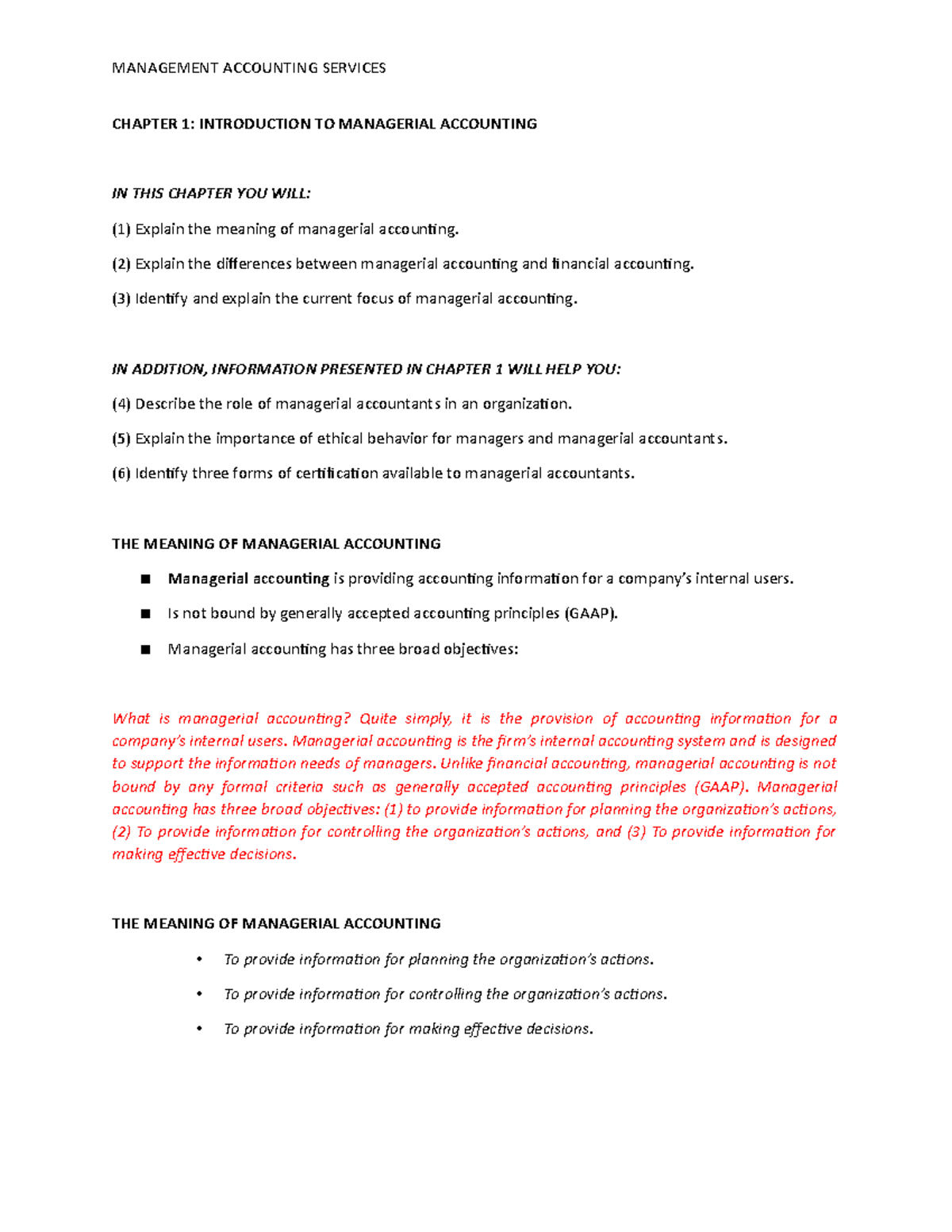Chapter 1 - Overview of Managerial Accounting Principles - Studocu