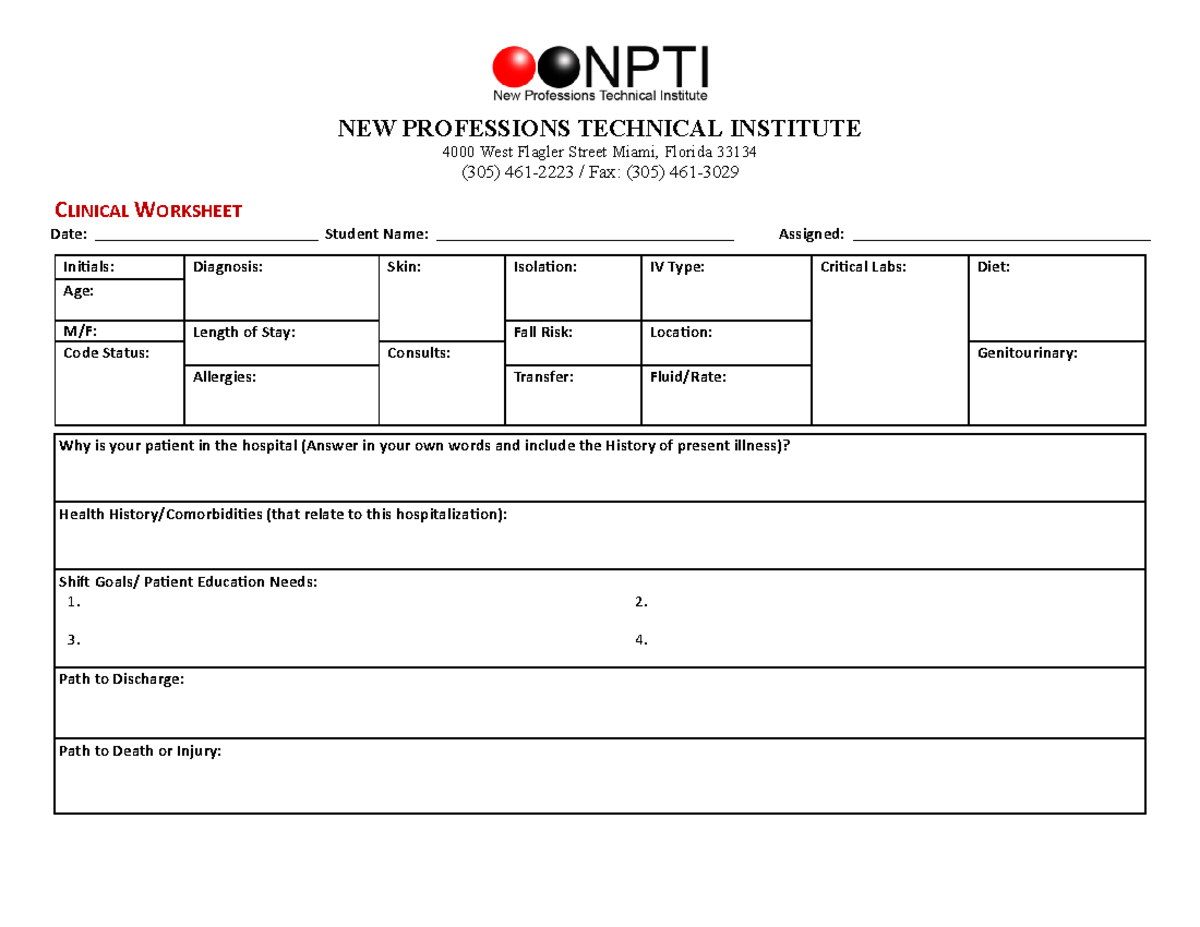 Clinical Worksheets for Patient Care Management - NWPTI - Studocu