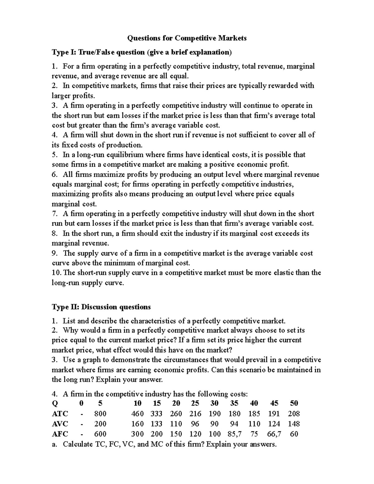 Tutorial 5 - Questions for Competitive Markets Type I: True/False ...