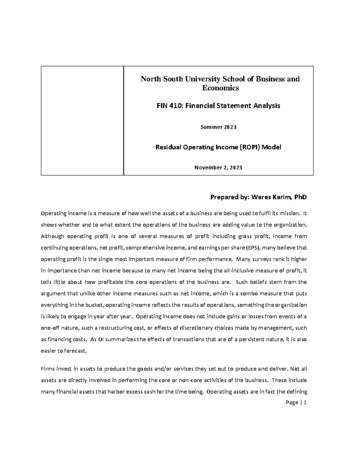 ROPI Model Analysis for FIN 410: Financial Statement Analysis - Studocu