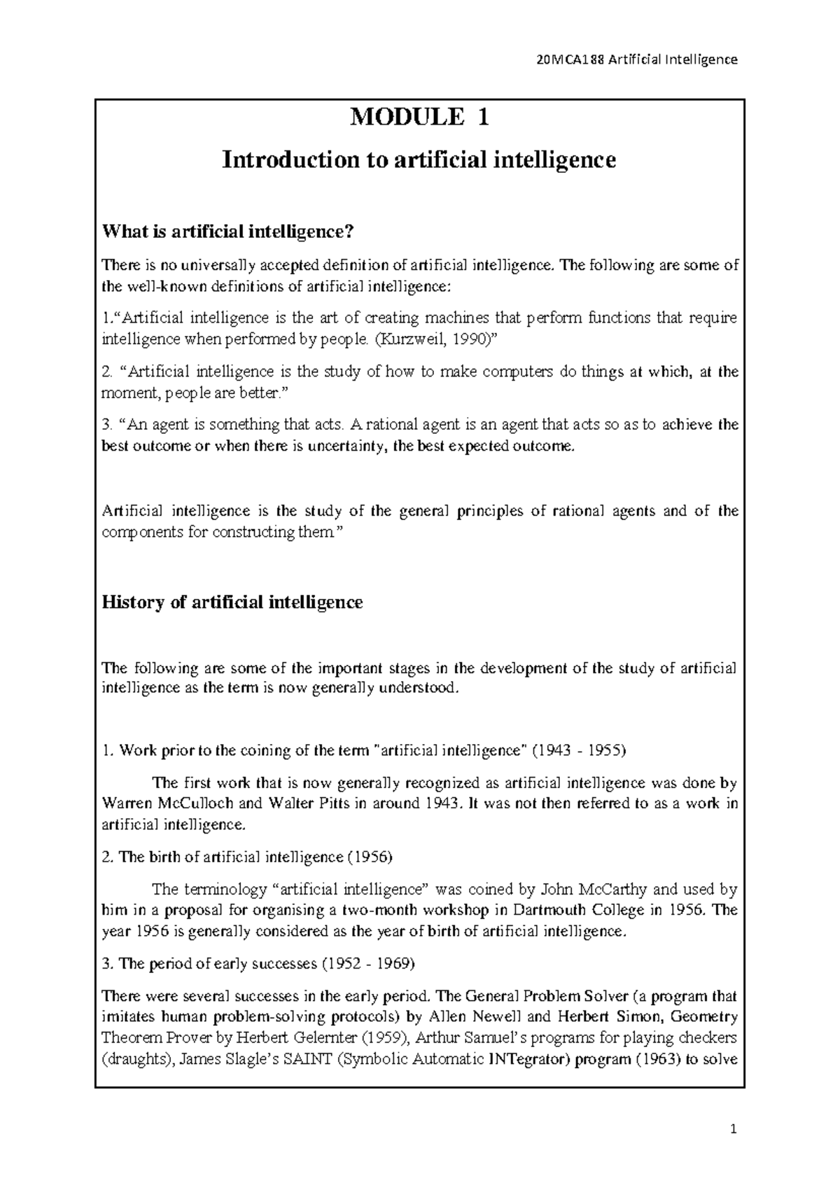 Introduction to Artificial Intelligence - MODULE 1 Introduction to ...