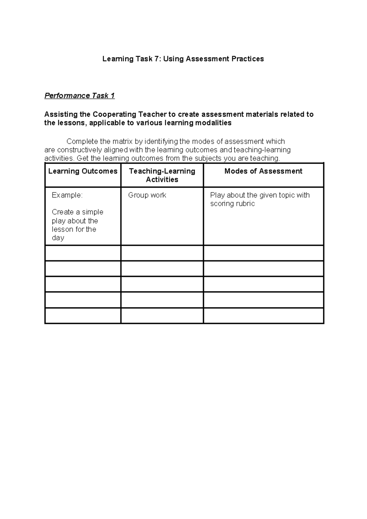Learning Task 7: Assessment Practices and Mastery Evaluation - Studocu