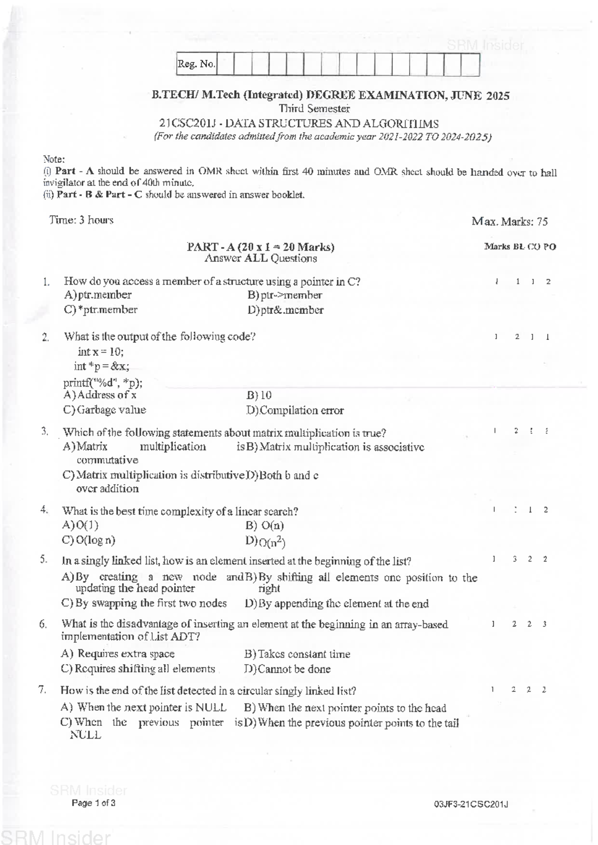 21CSC201J - Data Structures and Algorithms Exam Notes - Studocu