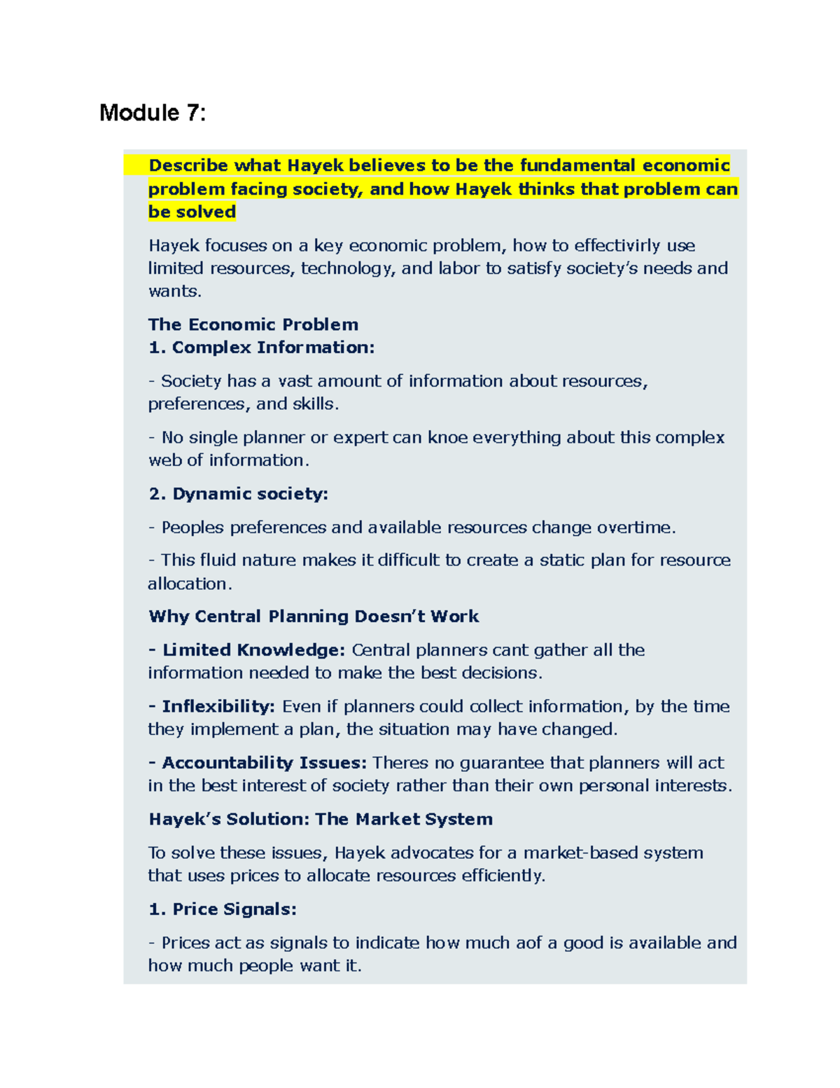 Module 7: Hayek's Economic Problem and Market Solutions - Studocu